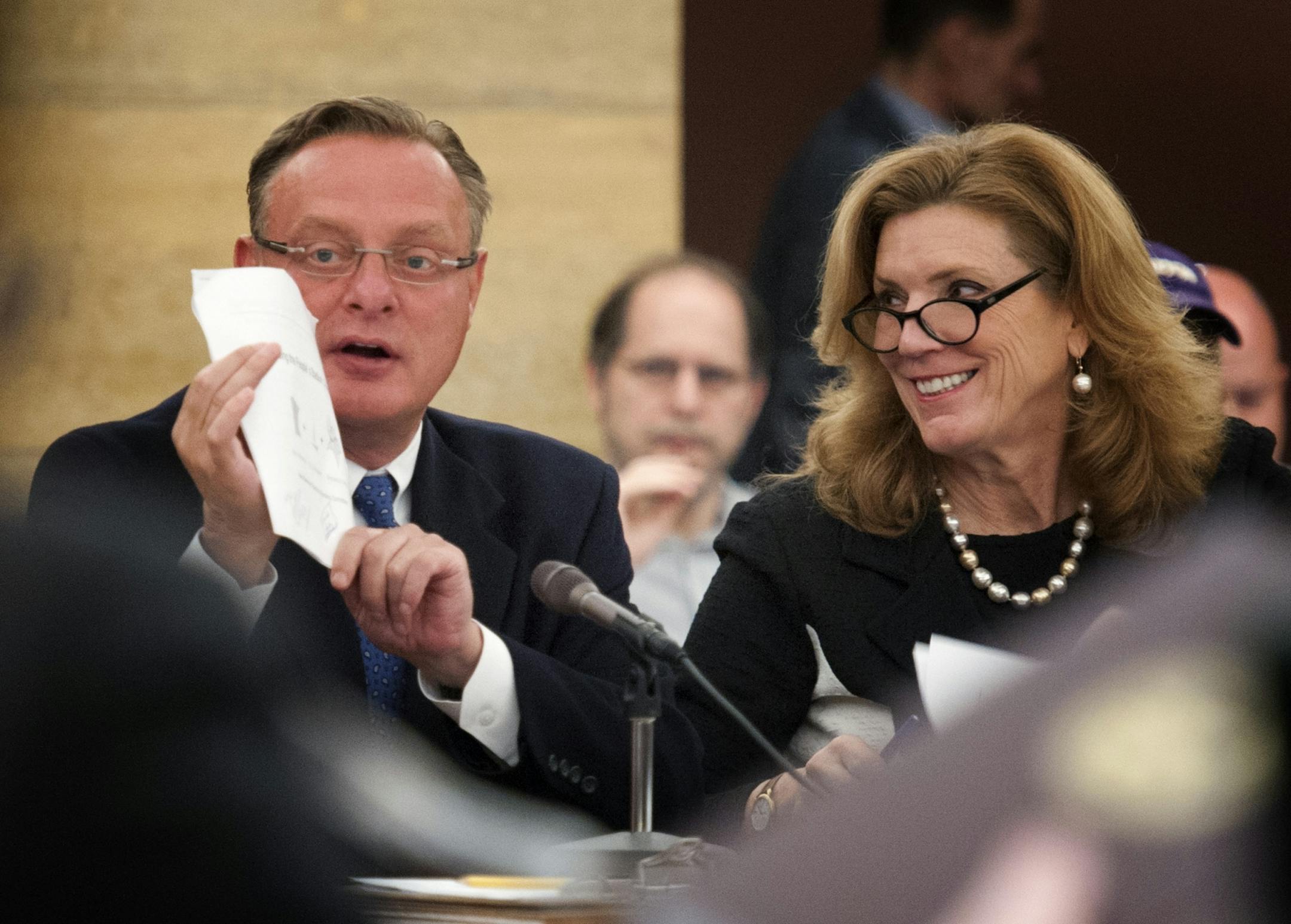 Metropolitan Sports Facilities Commission Chairman Ted Mondale began testimony before the Senate finance committee on the NFL Vikings stadium bill on Wednesday. On the right is bill sponsor Julie Rosen.