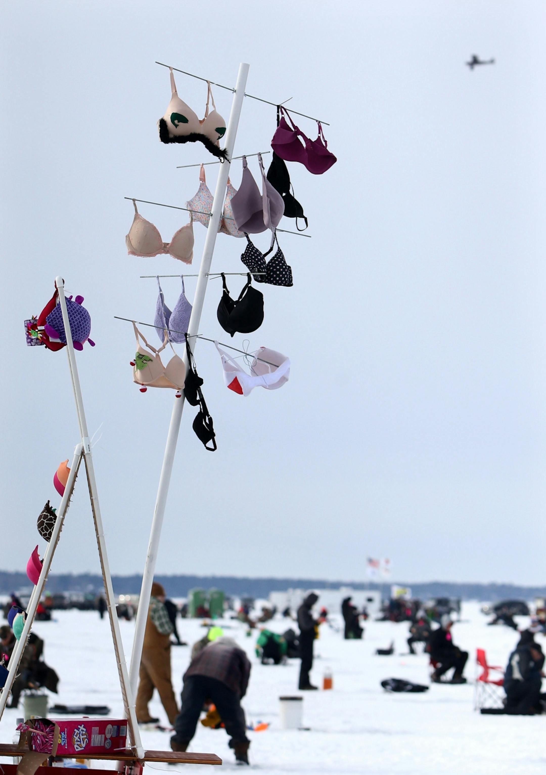 A group of female fishing contestants flew a flag made of bras over their spot on Hole in the Day Bay of Gull Lake for the Ice Fishing Extravaganza Saturday, Feb. 6, 2016, in Brainerd, MN.