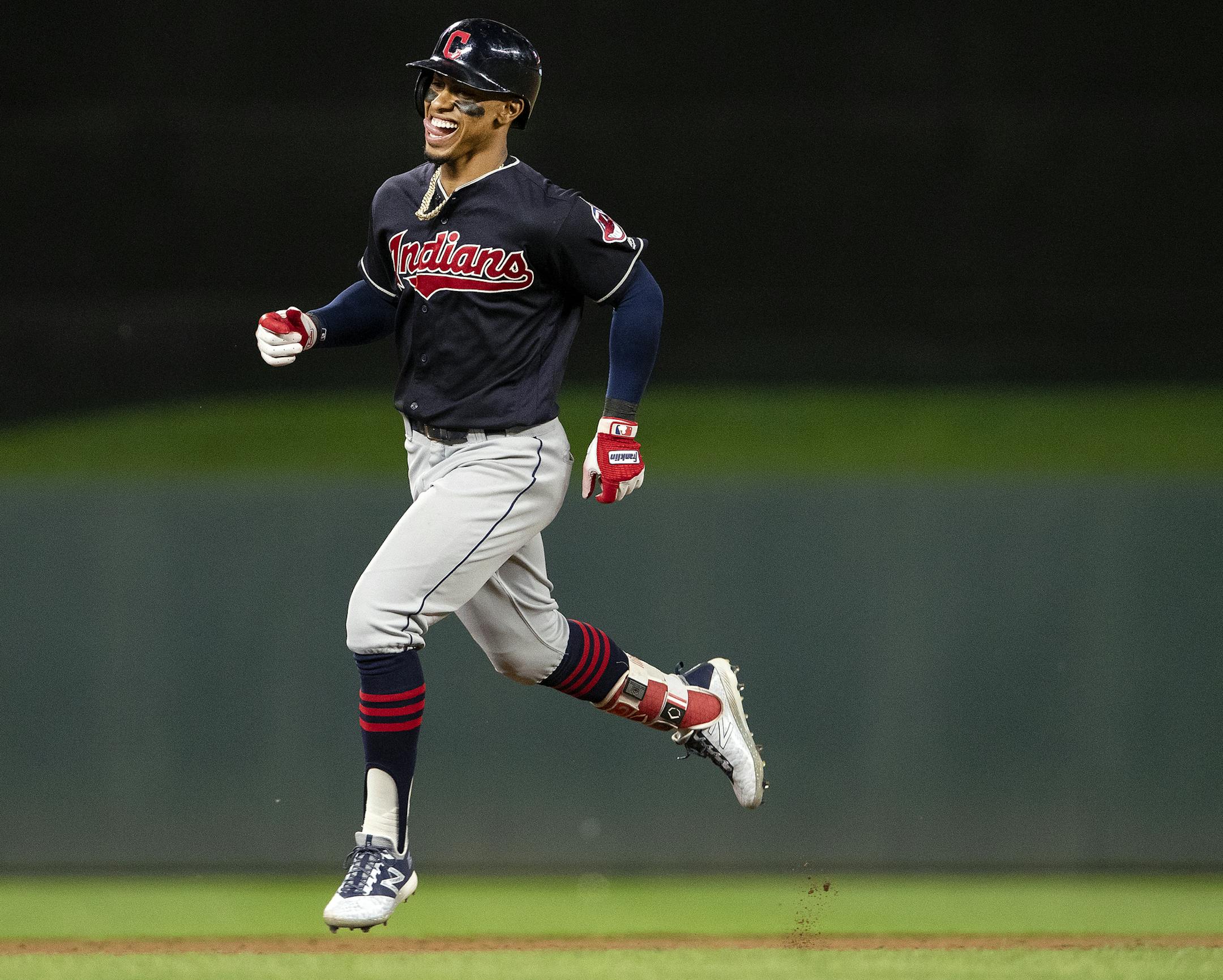 Cleveland Indians Francisco Lindor rounded the bases after hitting a homerun in the eighth inning to break a tie. ] CARLOS GONZALEZ ï cgonzalez@startribune.com ñ May 31, 2018, Minneapolis, MN, MLB, Target Field, Minnesota Twins vs. Cleveland Indians