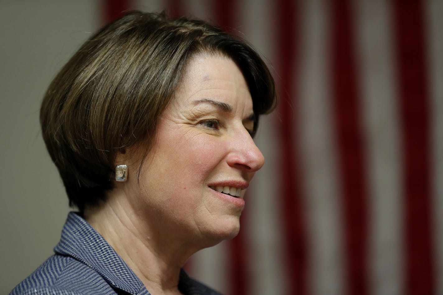 Sen. Amy Klobuchar speaks at the Ankeny Area Democrats' Winter Banquet, Thursday, Feb. 21, 2019, in Des Moines, Iowa.