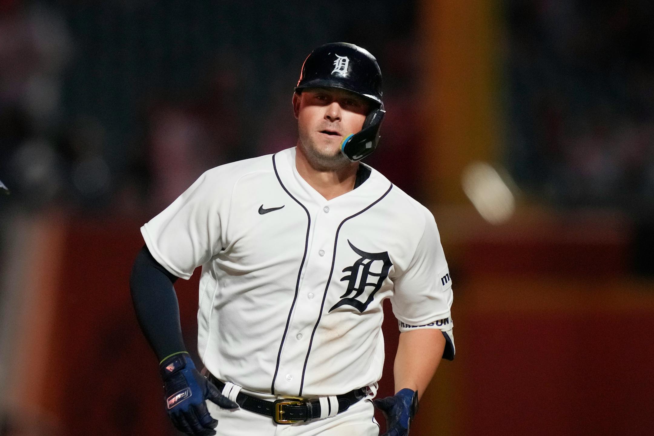 Detroit Tigers' Spencer Torkelson rounds the bases after a solo home run during the seventh inning of a baseball game against the Minnesota Twins, Wednesday, Aug. 9, 2023, in Detroit. (AP Photo/Carlos Osorio)