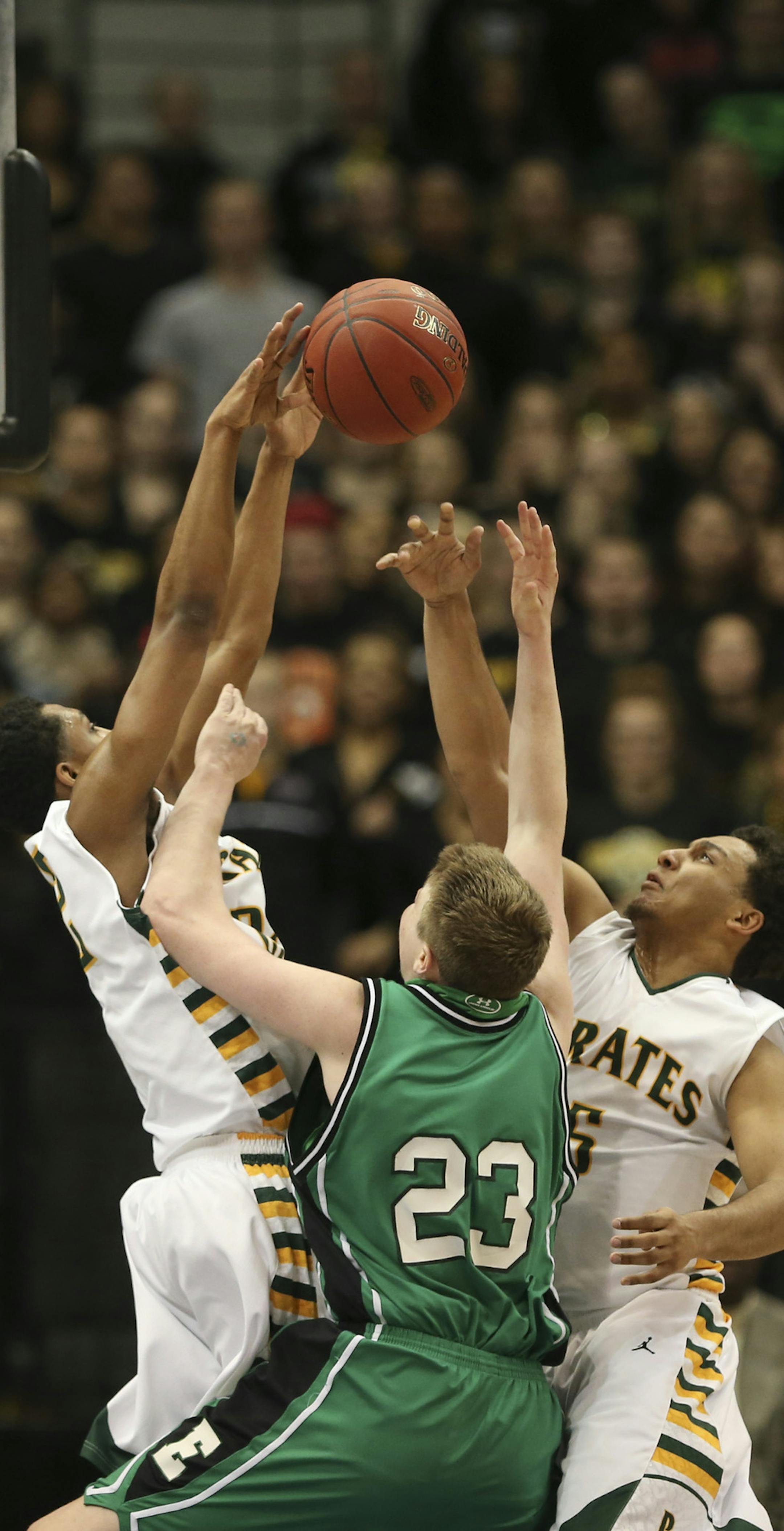 Park Center met Edina in a Class 4A Boys' Basketball State Tournament semifinal game Thursday night, March 21, 2013 at Target Center in Minneapolis. Park Center's Treyton Daniel's denied Edina's Dane Teuteberg a first half shot with the help of teammate Devin Buckley in the late game Thursday night. ] JEFF WHEELER ‚Ä¢ jeff.wheeler@startribune.com