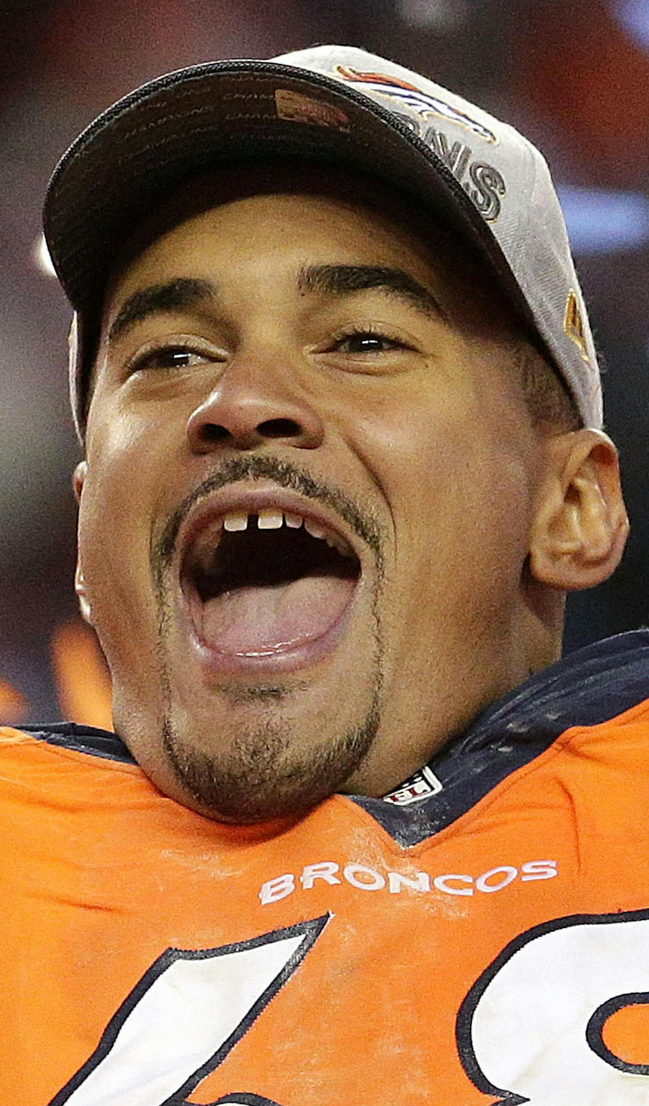 Denver Broncos tackle Ryan Harris celebrates following the AFC Championship game between the Denver Broncos and the New England Patriots, Sunday, Jan. 24, 2016, in Denver. The Broncos defeated the Patriots 20-18 to advance to the Super Bowl. (AP Photo/Charlie Riedel) ORG XMIT: MIN2016012420172029