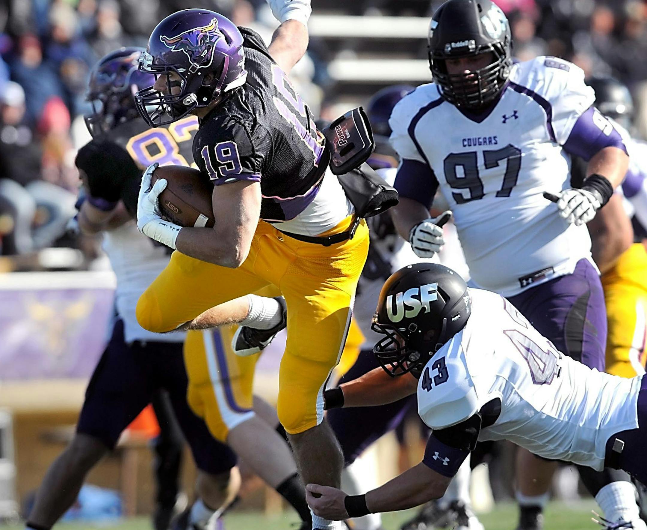 Minnesota State University, Mankato's Andy Pfeiffer (19) finds a hole in the University of Sioux Falls defense during the first half Saturday at Blakeslee Stadium in Mankato. Photo by Pat Christman/Mankato Free Press