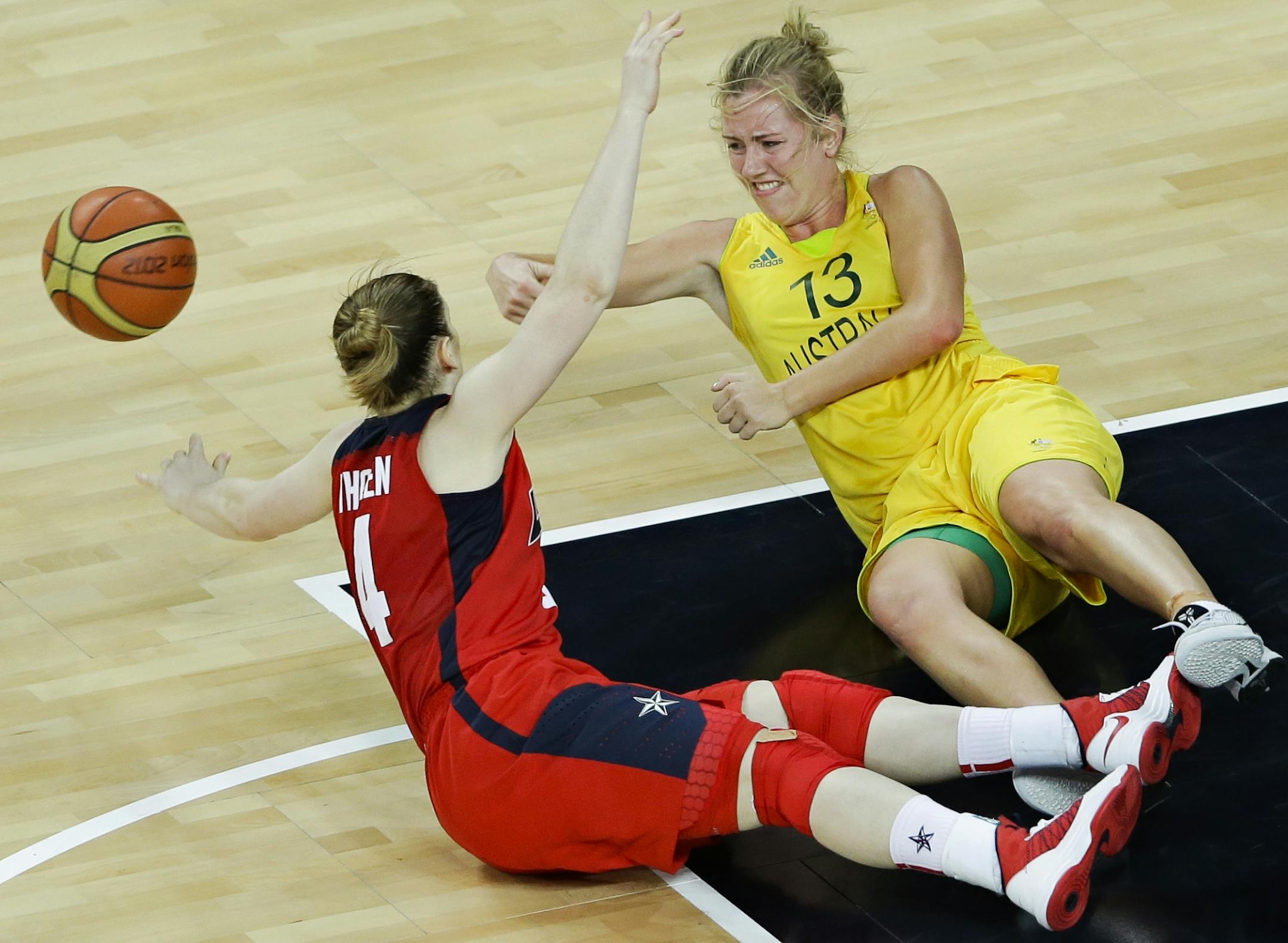 Australia's Rachel Jarry, right, and United States' Lindsay Whalen go for a loose ball during the Olympics.