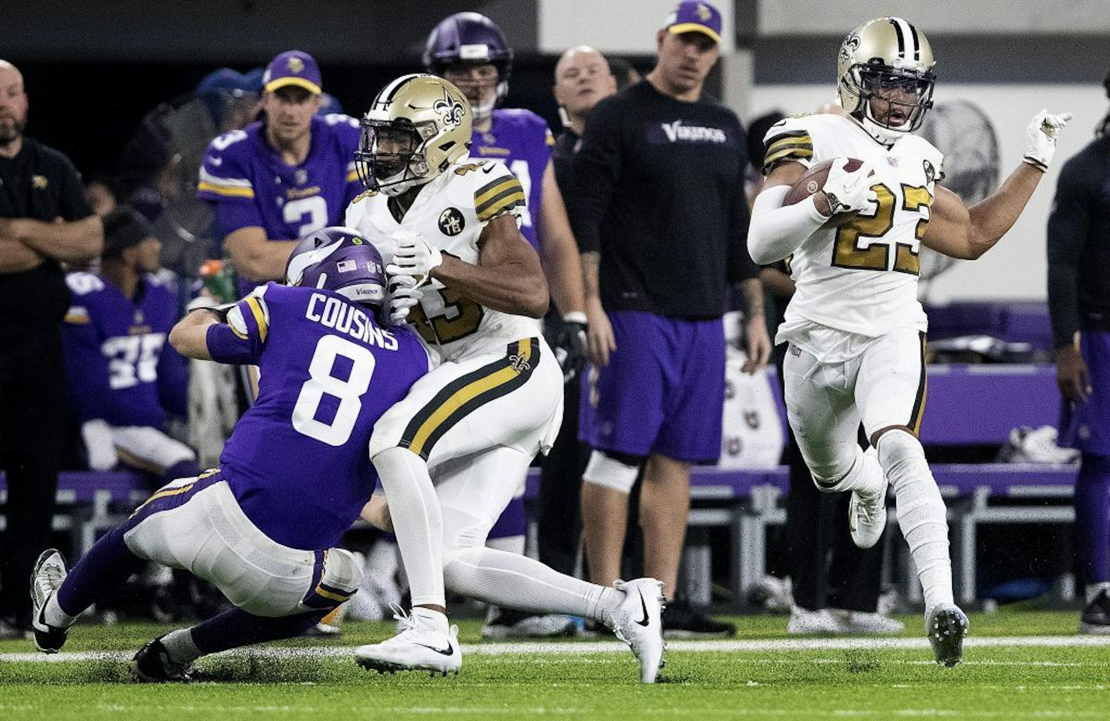 New Orleans Saints' Marshon Lattimore returns an Adam Thielen fumble in the second quarter against the Minnesota Vikings on Sunday, Oct. 28, 2018 at U.S. Bank Stadium in Minneapolis, Minn.