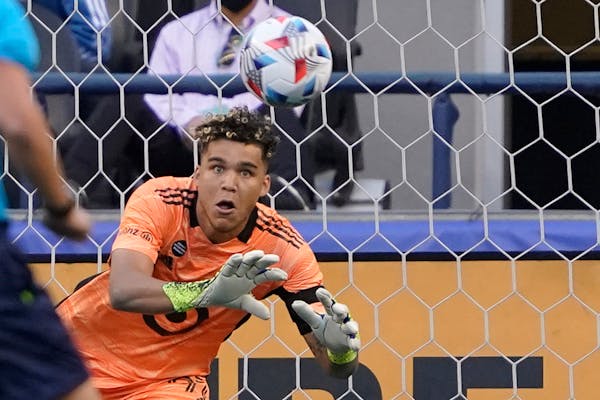 Minnesota United goalkeeper Dayne St. Clair, shown making a save against Seattle in a 2021 game, has won his only start of 2022, a 1-0 shutout of the 