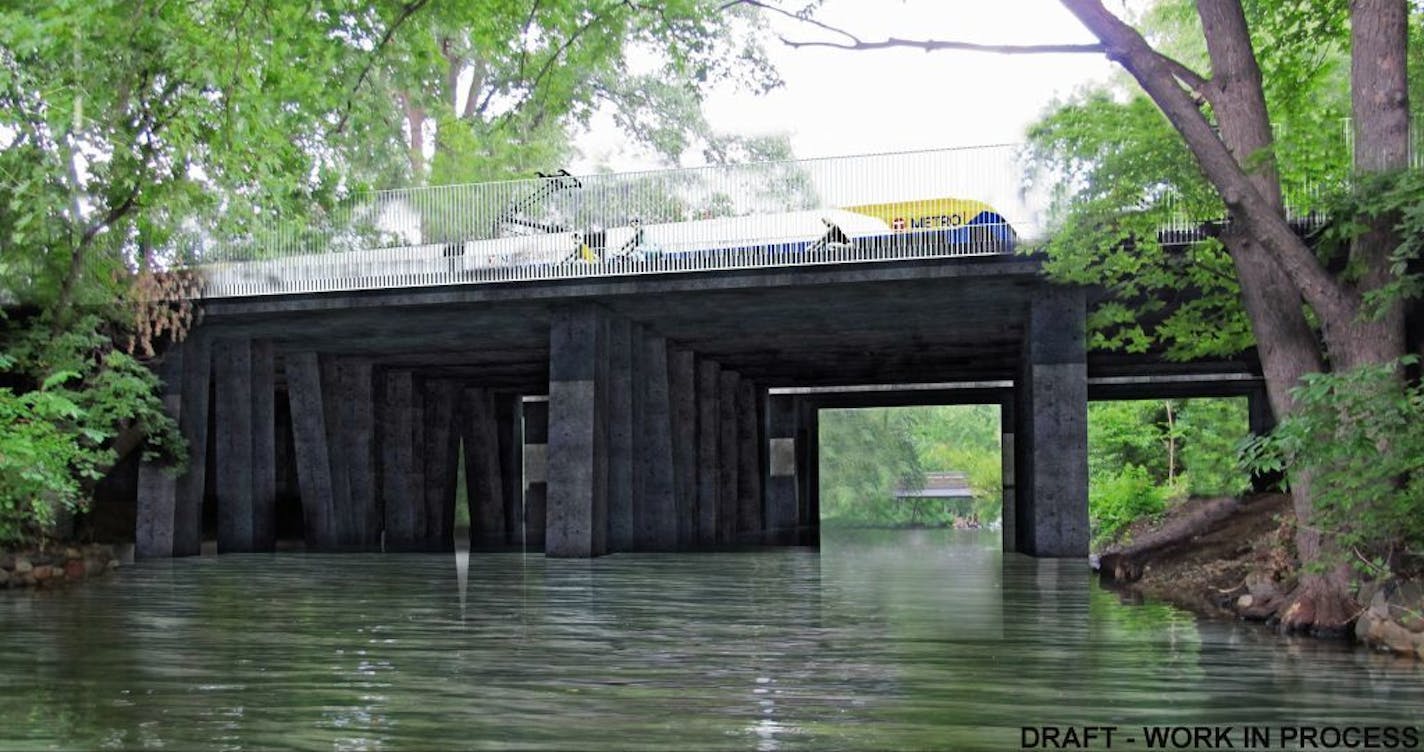 Thin Deck Concept: canted (angled) concrete piers would support a thin deck of concrete with light steel railings. The thin deck lessens the visual impact of the bridge over the channel. The concept would use charcoal-tinted concrete to reinterpret the existing wooden railroad bridge. Both the arched pier and thin deck concepts would be made of cast-in-place concrete. View is looking west with the Burnham Road Bridge in the background. Cost estimates for the three concepts range from $4 million