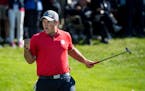 USA's Patrick Reed celebrates a match-winning birdie on the 16th hole during Friday morning's Ryder Cup foursomes competition at Hazeltine.