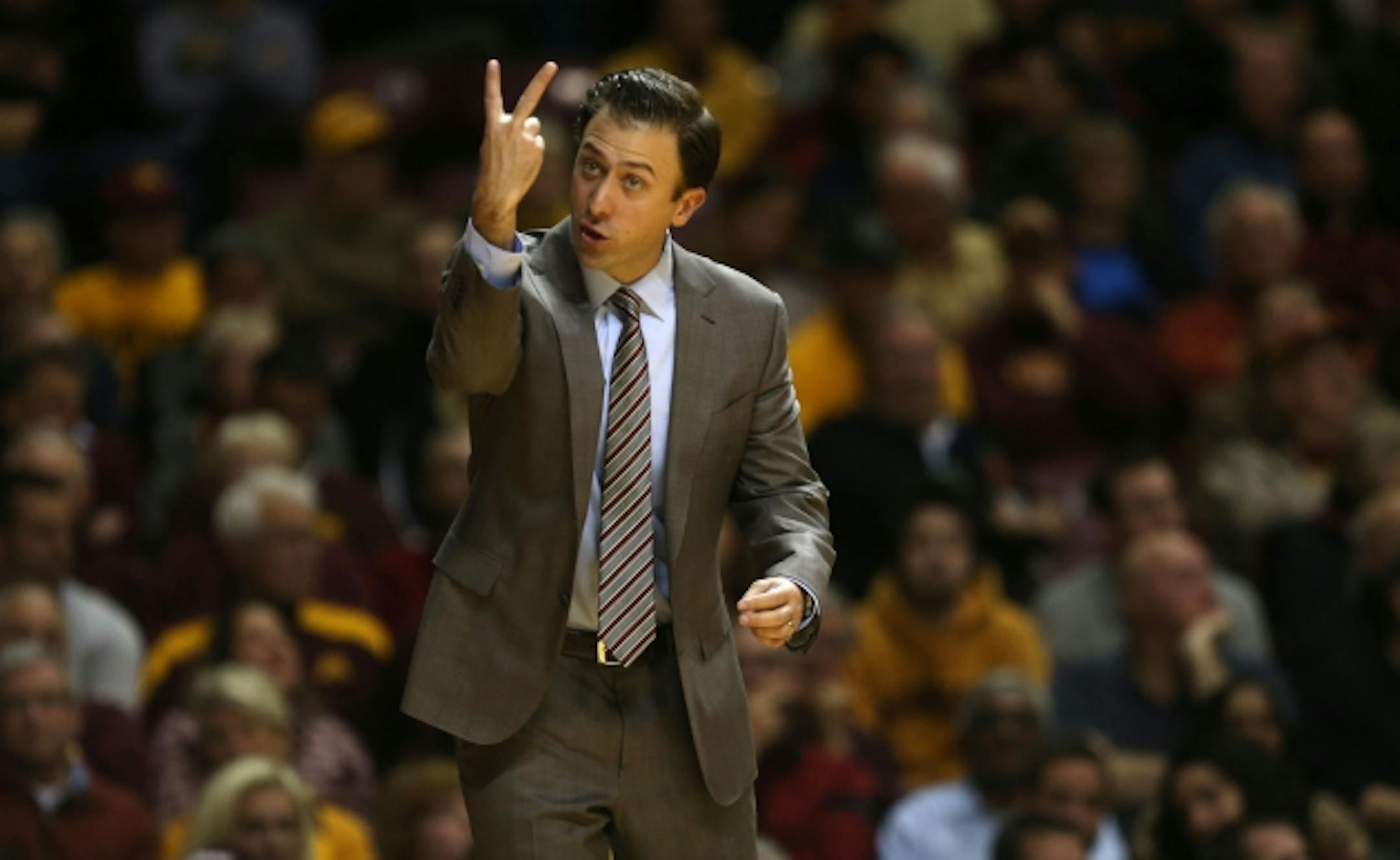Gophers  head coach Richard Pitino gave instructions from the bench during the first half at Williams Arena in Minneapolis,  Tuesday, December 3, 2013.   ]  (KYNDELL HARKNESS/STAR TRIBUNE) kyndell.harkness@startribune.com