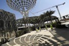 In this Oct. 8, 2019, photo, Associated Press journalists visit the Sustainability Pavilion at the under construction site of the Expo 2020 in Dubai, 