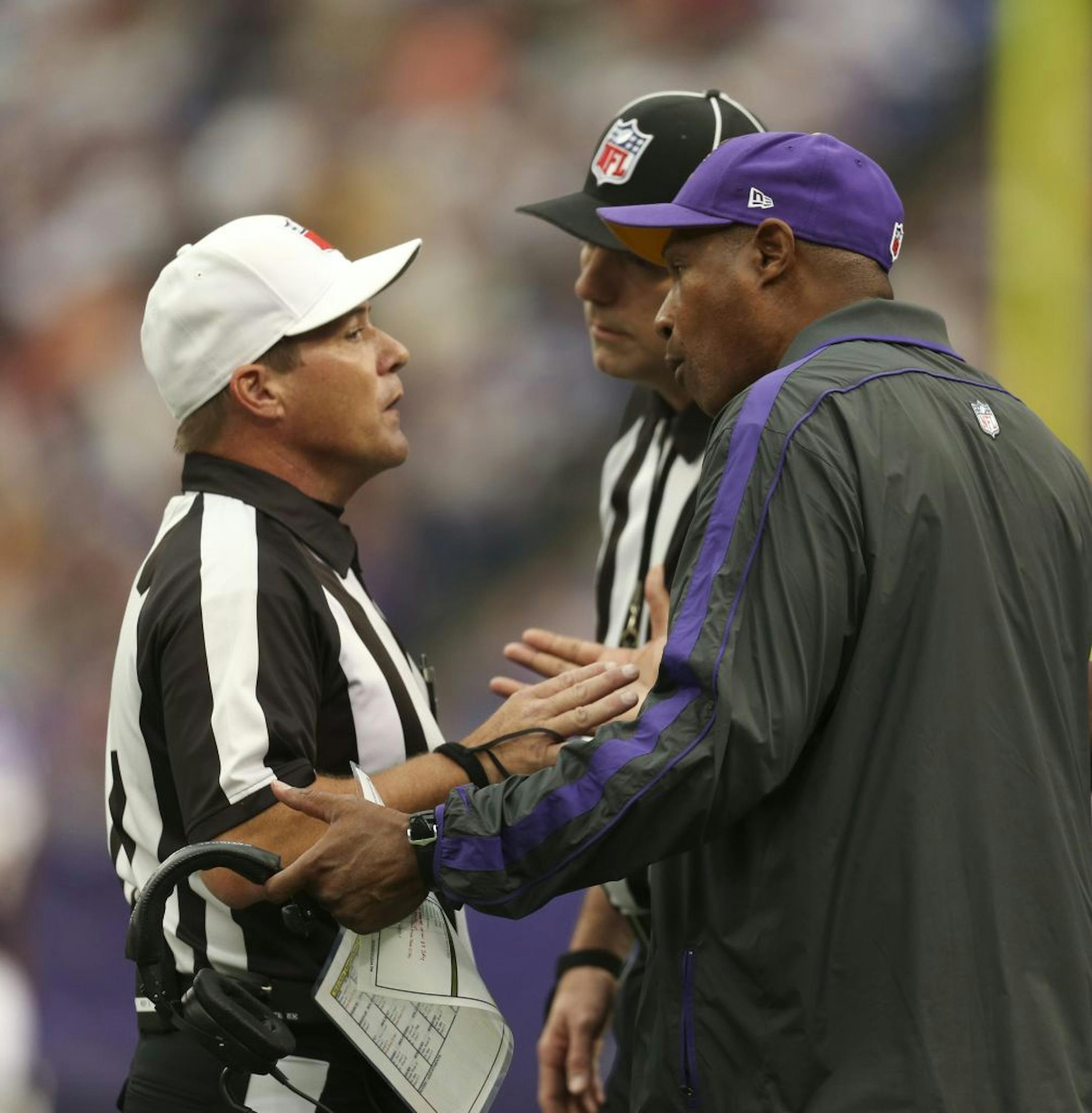 Vikings coach Leslie Frazier sought an explanation from official Ken Roan after San Francisco won a challenge over a fourth-quarter play in which Toby Gerhart fumbled the ball and the 49ers recovered.