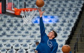 Timberwolves center Luka Garza worked out during pregame warmups before they face the Oklahoma City Thunder in Game 3 of their NBA Western Conference