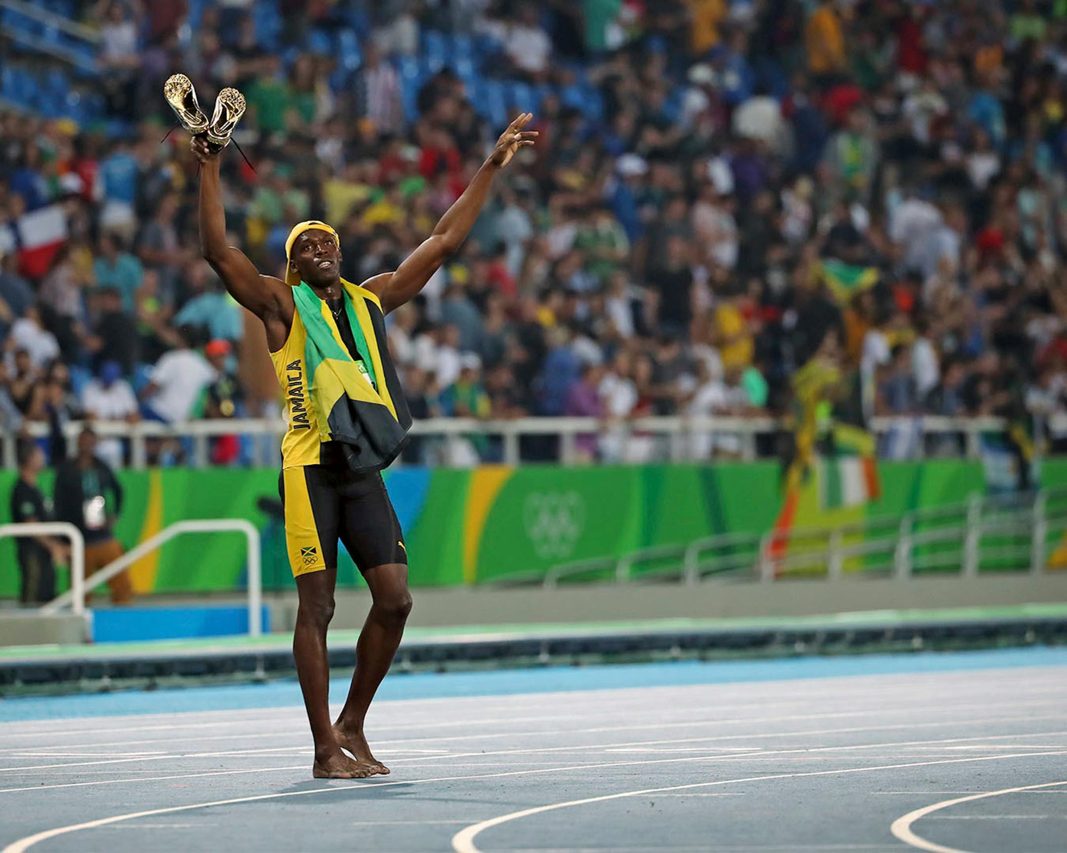 Men's 100 meter final. Jamaica's Usain Bolt, wins gold again beating USA's Justin Gatlin.