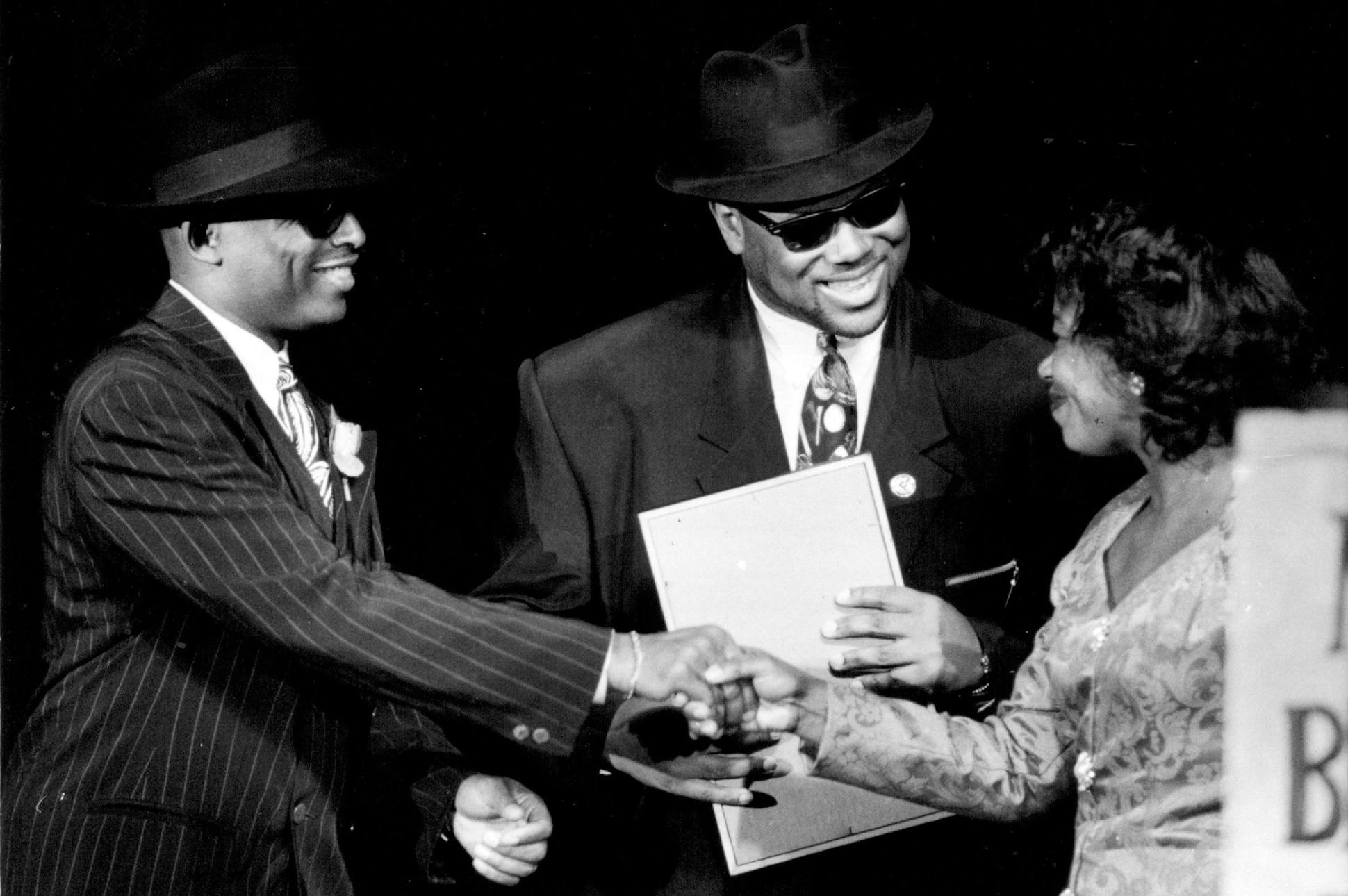 Terry Lewis and Jimmy Jam received the keys to the city from Minneapolis City Council President Sharon Sayles Belton in 1992.