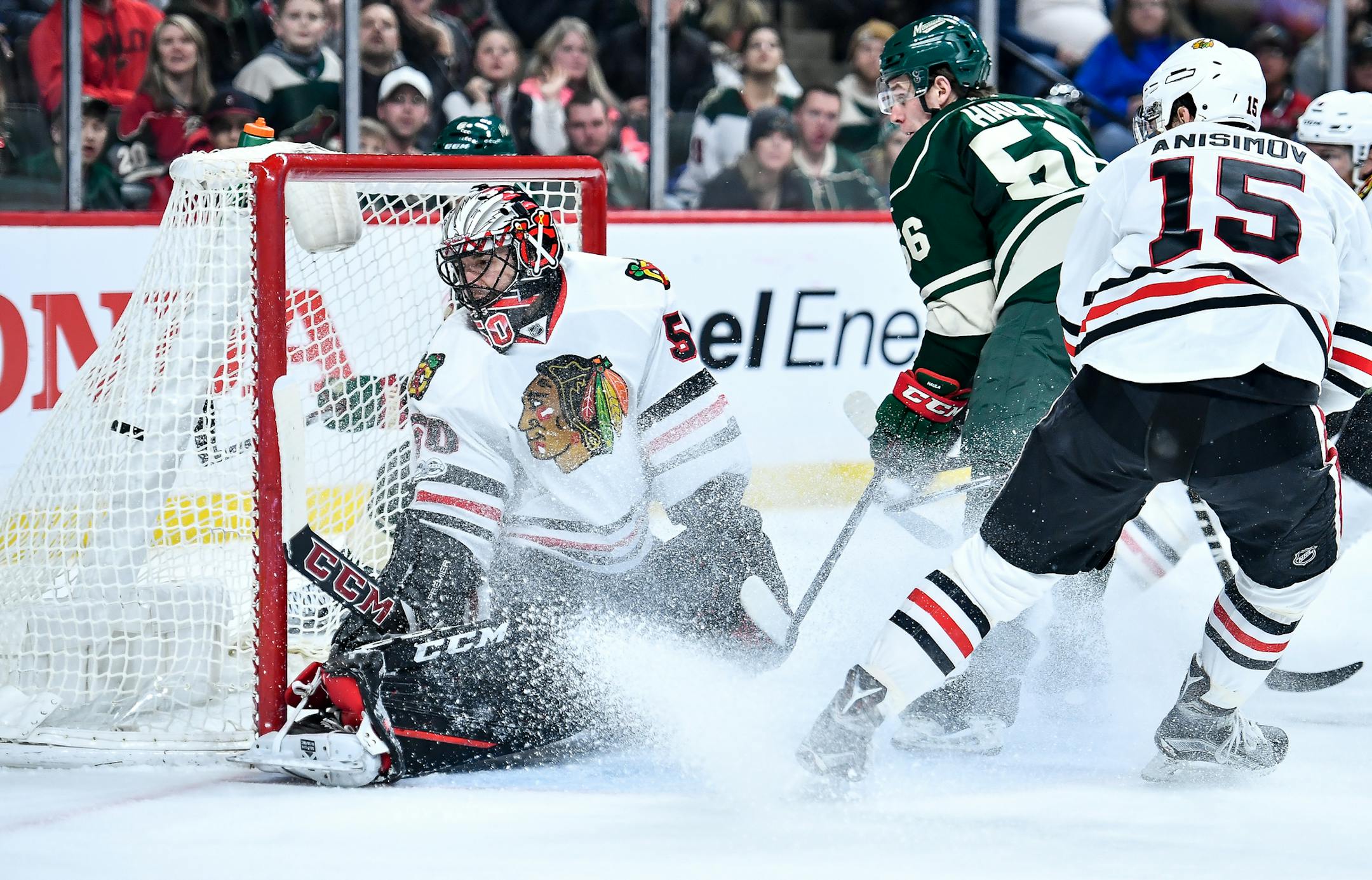 Erik Haula beat Corey Crawford late in the third period, forcing overtime.
