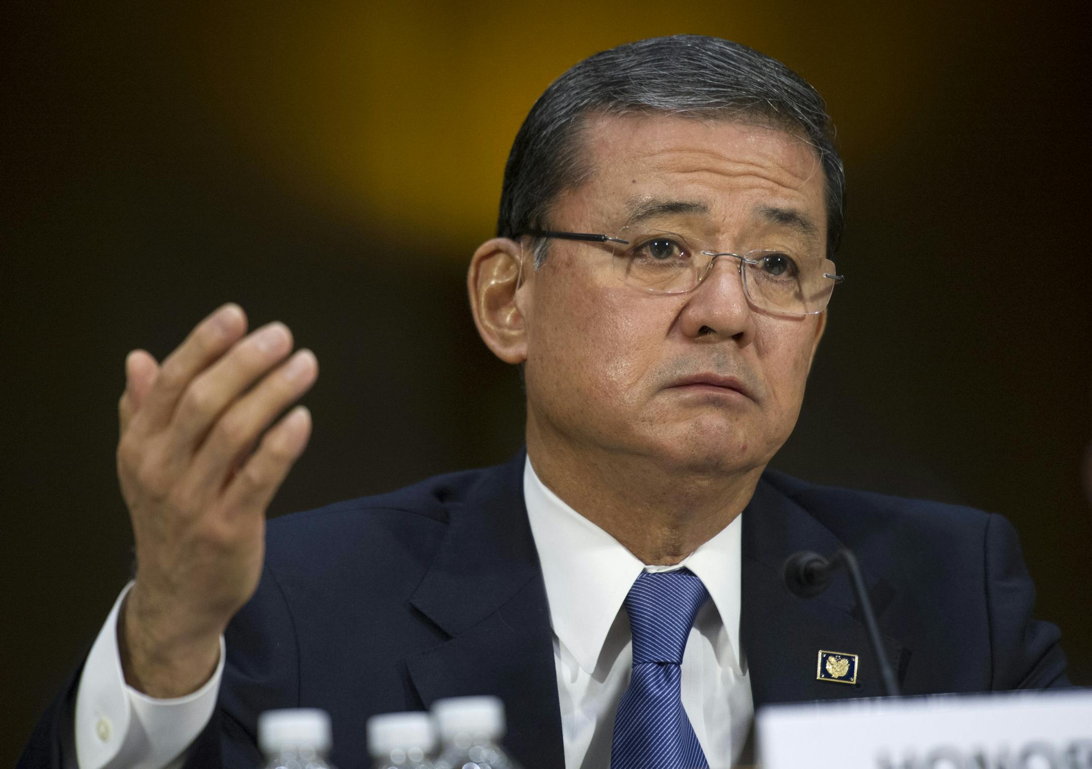 Veterans Affairs Secretary Eric Shinseki testifies on Capitol Hill in Washington, Thursday, May 15, 2014, before the Senate Veterans Affairs Committee hearing to examine the state of Veterans Affairs health care. (AP Photo/Cliff Owen)