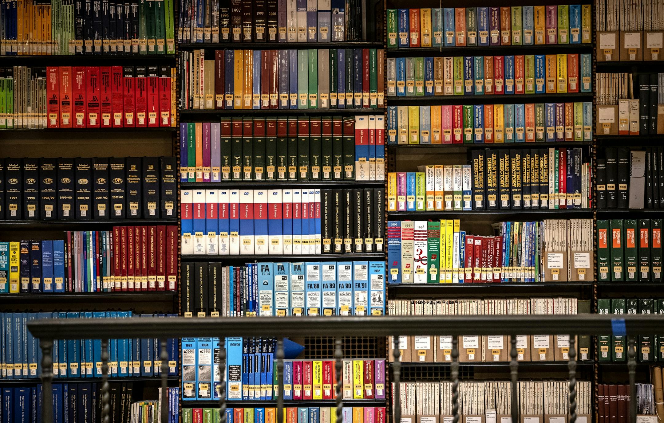 Rows of books at the at the James J. Hill Center in downtown St. Paul. The building has been listed for sale.