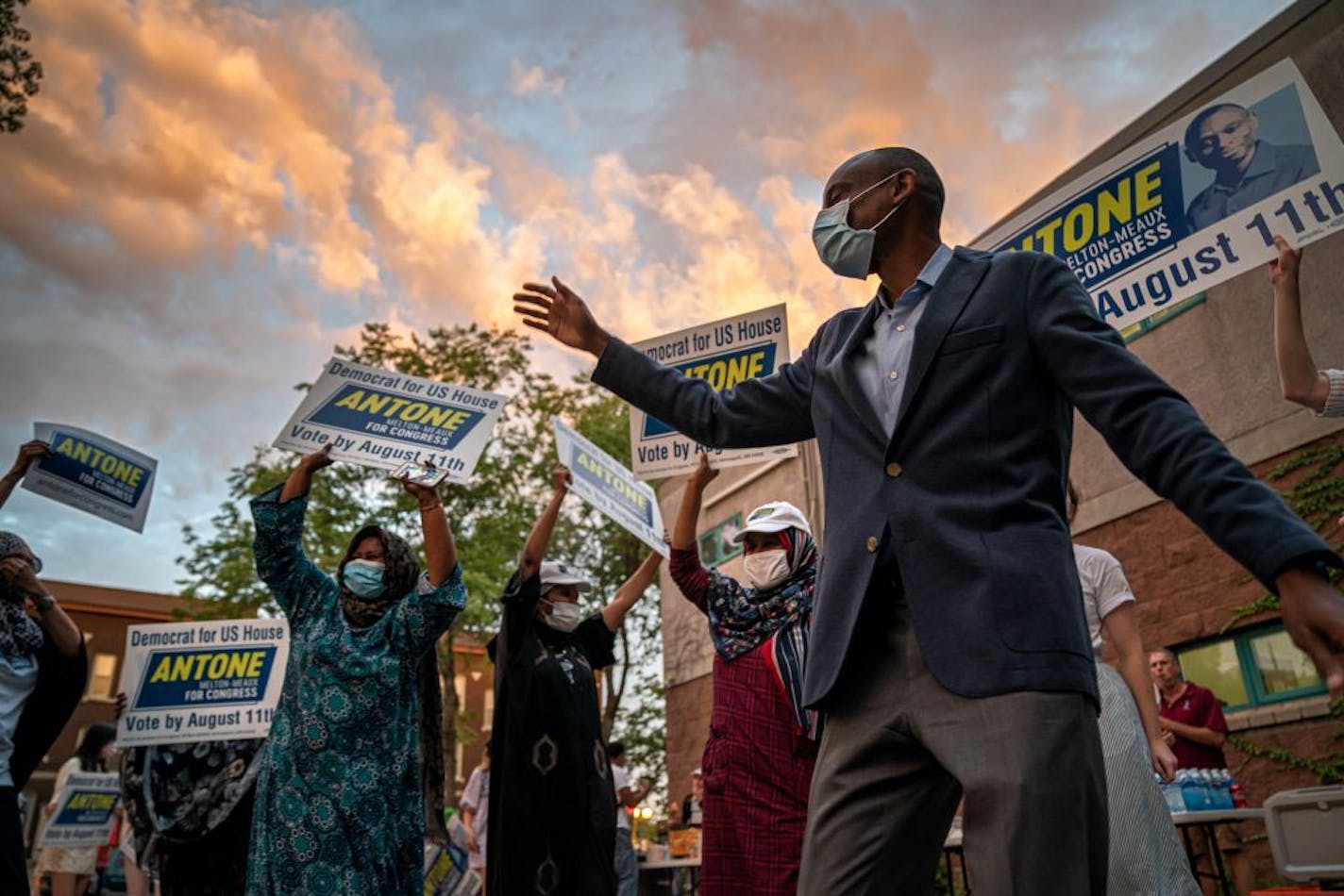 As the polls closed at 8:00 p.m., Antone Melton-Meaux greeted supporters gathered in the parking lot of his headquarters. He predicted he would win against incumbent U.S. Rep. Ilhan Omar in tonight's primary election.