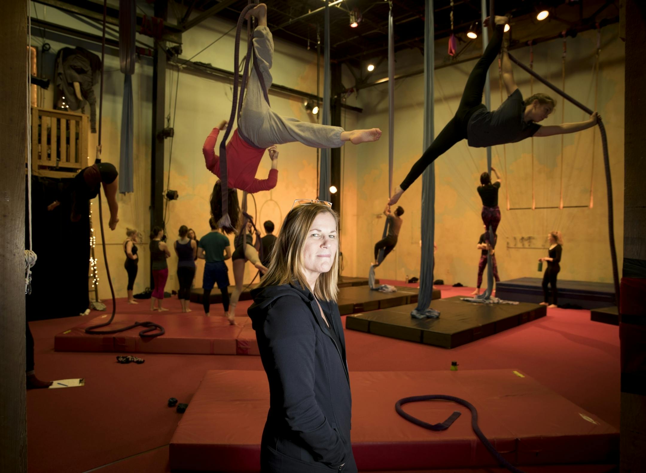 Meg Elias-Emery spent three years with the Ringling Bris. Circus in the 80's and now owns a aerial arts studio in Minneapolis, Minn. She posed for a picture at her studio Xelias Aerial Arts Studio on Wednesday, January 18, 2016, in Minneapolis, Minn.