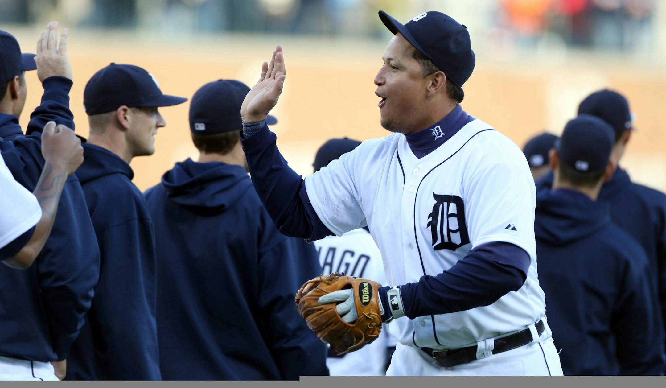 The Detroit Tigers' Miguel Cabrera celebrates an 8-0 victory over the Twins at Comerica Park.