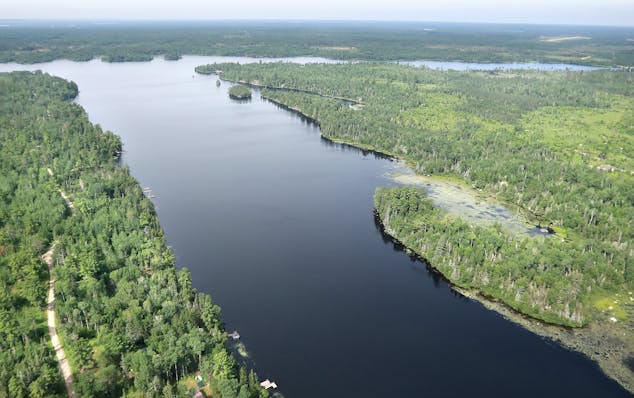 Twin Metals land looking down Birch Lake: Aerial view of Birch Lake showing the land that would become an underground mine (left) and additional land 