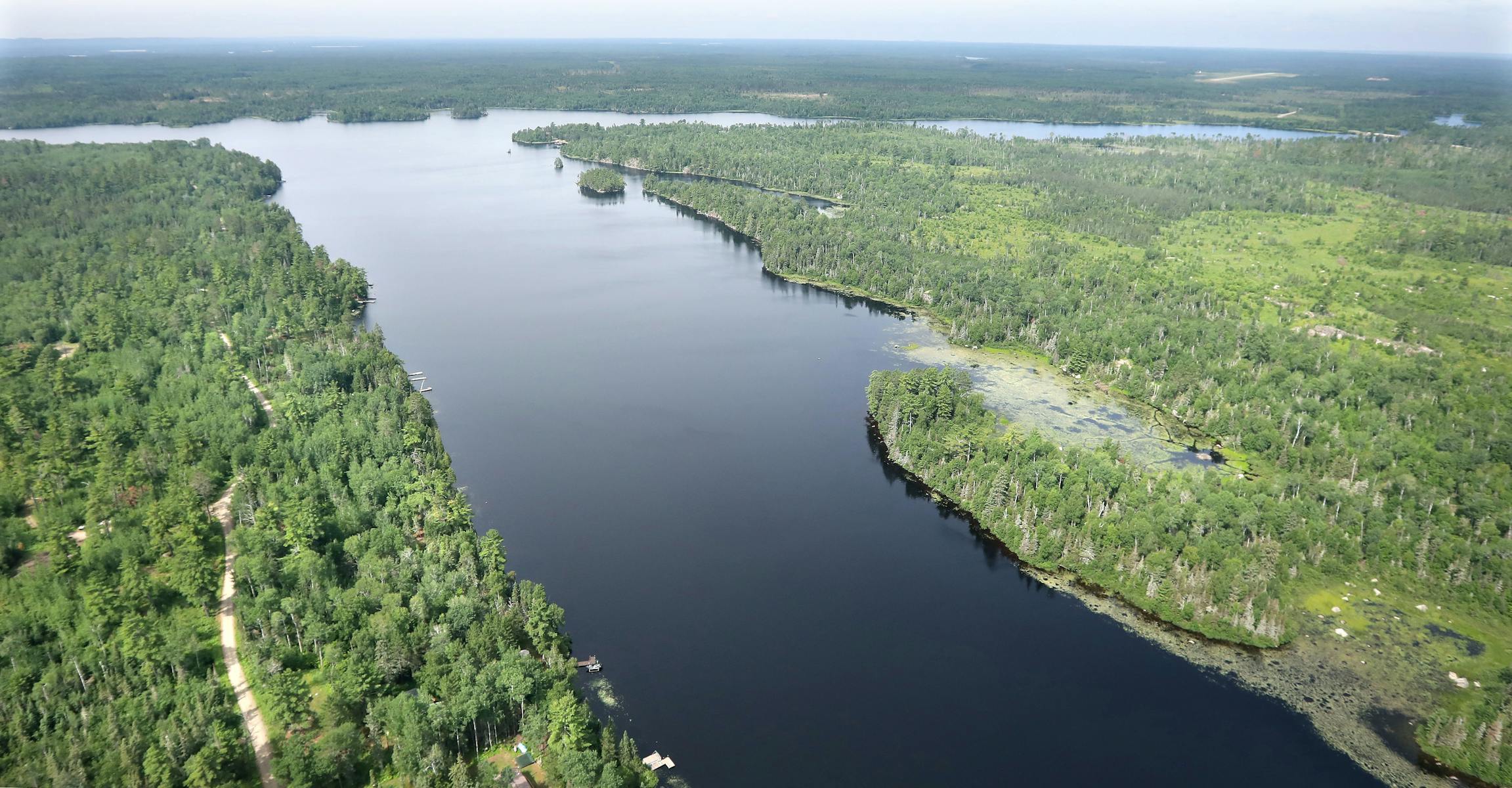 Twin Metals land looking down Birch Lake: Aerial view of Birch Lake showing the land that would become an underground mine (left) and additional land