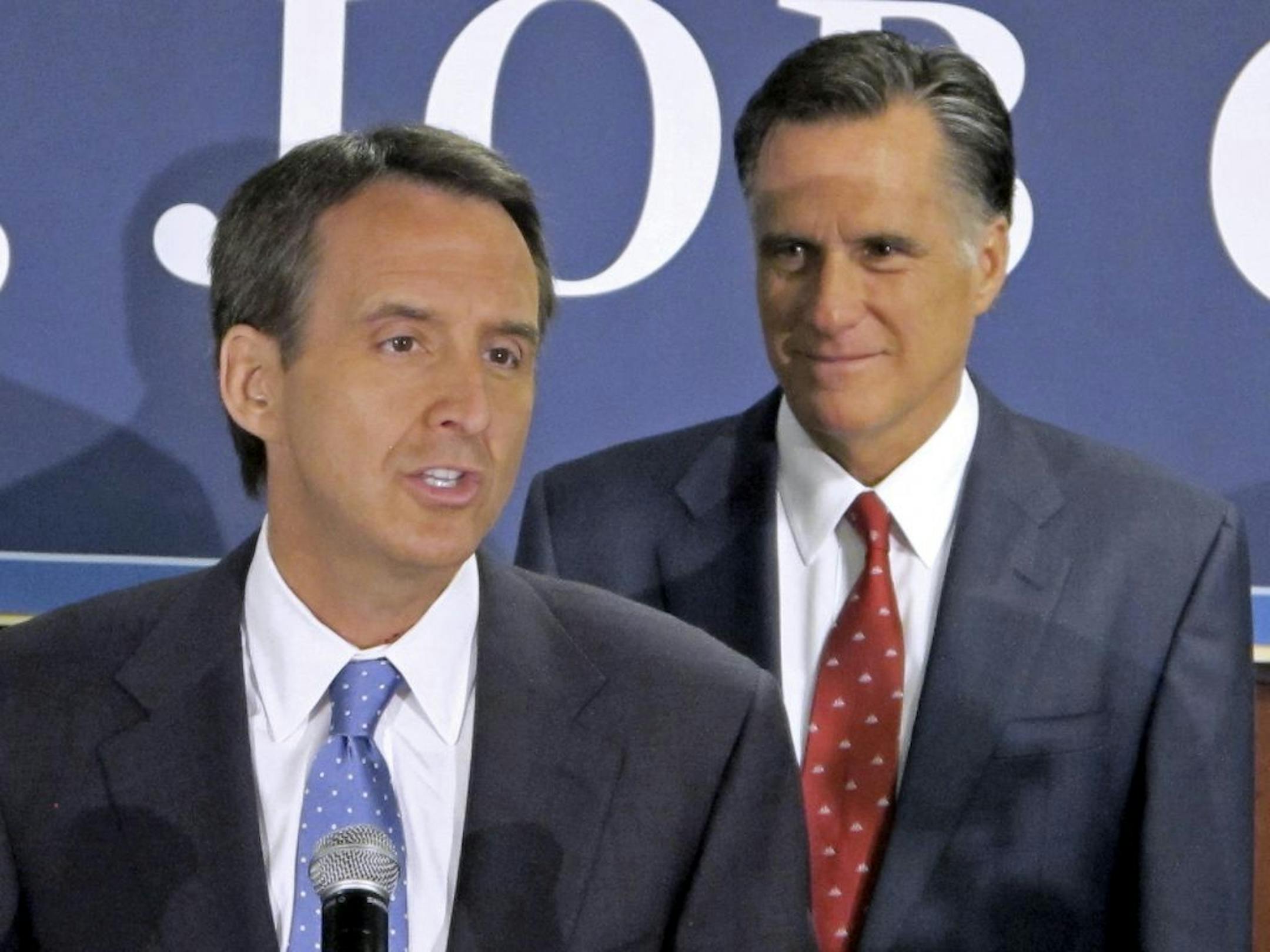 Tim Pawlenty, left, threw his support to Mitt Romney after dropping out of the presidential race. The former Minnesota governor will have a prime speaking role at the Republican National Convention.
