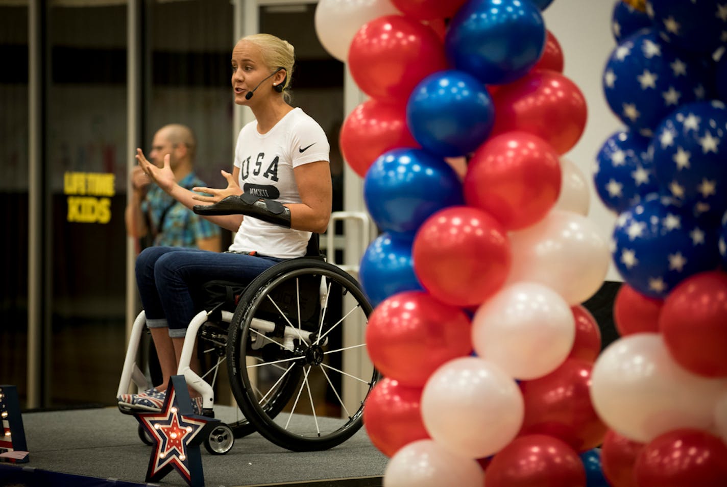 Mallory Weggemann spoke at a Rio send off party at Lifetime Fitness in Lakeville, Minn., on August 25, 2016. ] RENEE JONES SCHNEIDER ¥ renee.jones@startribune.com A medalist at the 2012 London Paralympics, Weggemann will swim seven events in Rio.