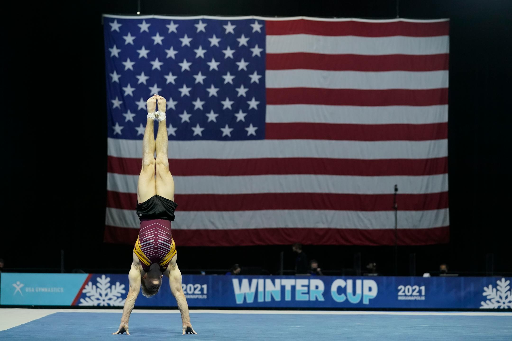 Shane Wiskus performs in the floor exercise during the Winter Cup gymnastics competition, Sunday, Feb. 28, 2021, in Indianapolis. (AP Photo/Darron Cummings)