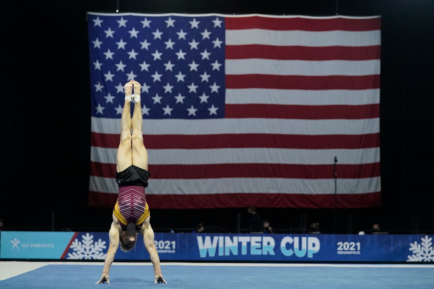 Shane Wiskus performs in the floor exercise during the Winter Cup gymnastics competition, Sunday, Feb. 28, 2021, in Indianapolis. (AP Photo/Darron Cummings)