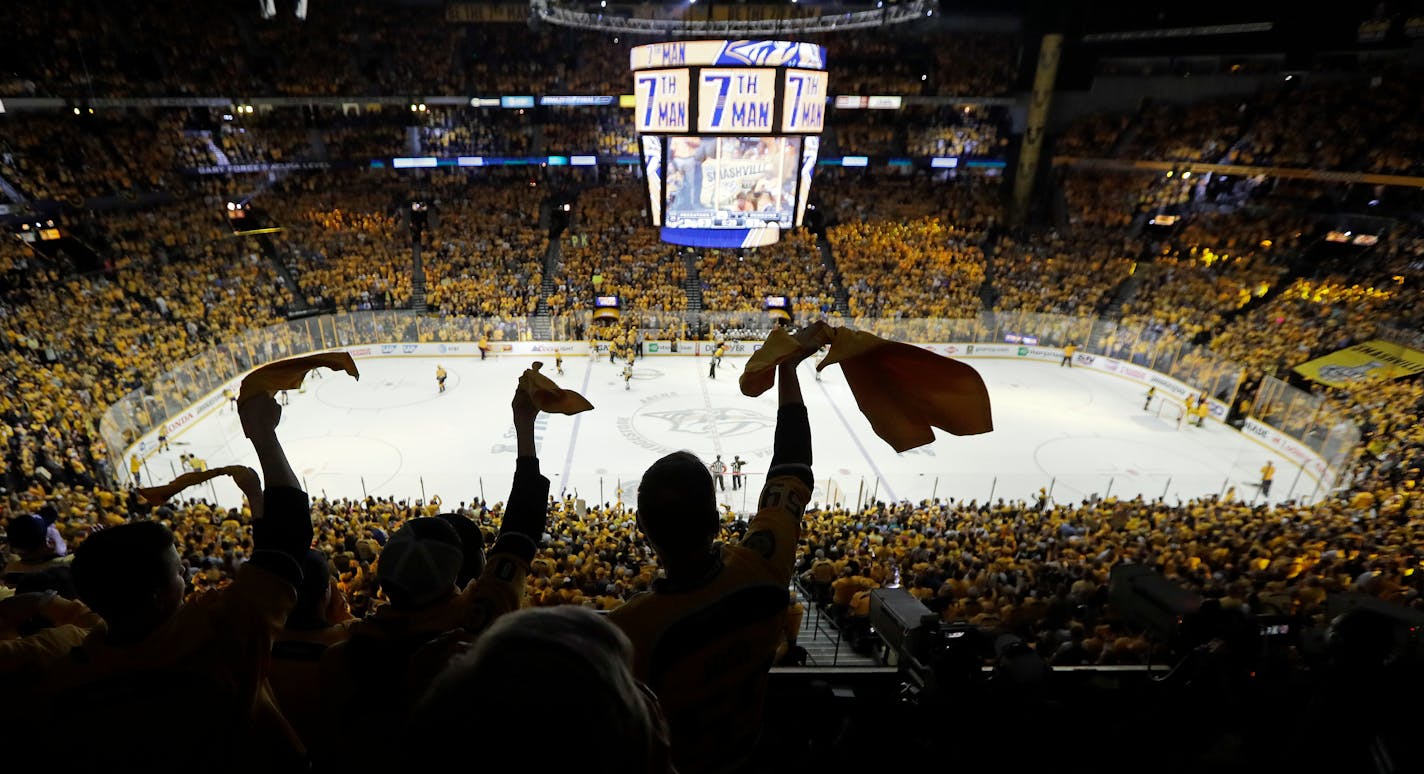 Nashville Predators fans cheer in the final moments of the third period in Game 4 of the NHL hockey Stanley Cup Final