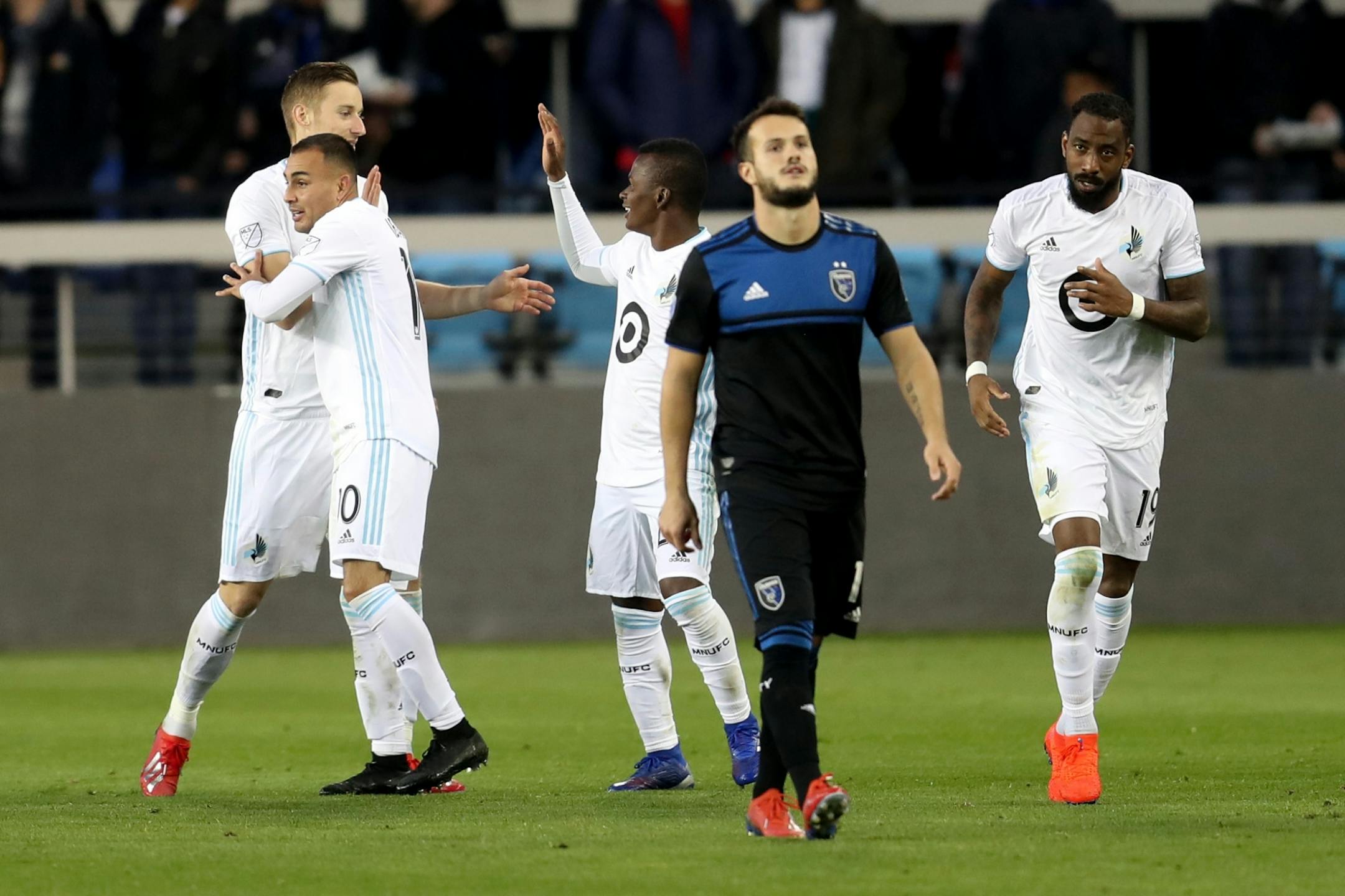 SAN JOSE, CALIFORNIA - MARCH 9: Minnesota United's Miguel Ibarra (10) celebrates his goal with teammates against the San Jose Earthquakes during the second half of a MLB game at Avaya Stadium in San Jose, Calif., on Saturday, March 9, 2019.