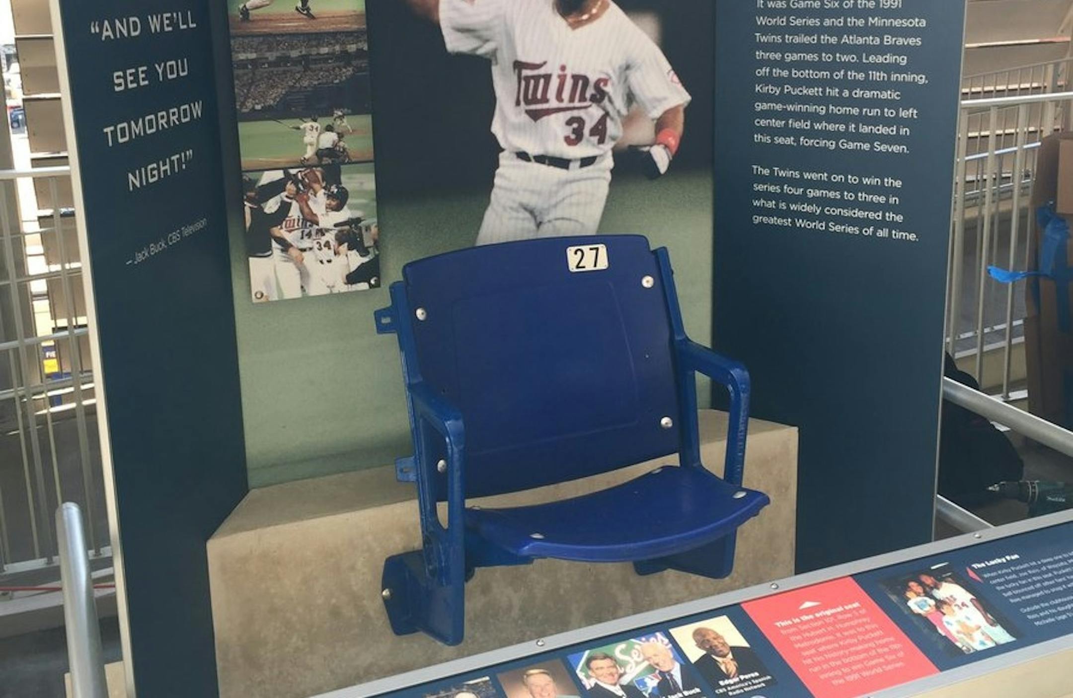 The seat where Kirby Puckett's Game 6 home run landed is part of an exhibit in the Twins' Digital Clubhouse at Target Field.