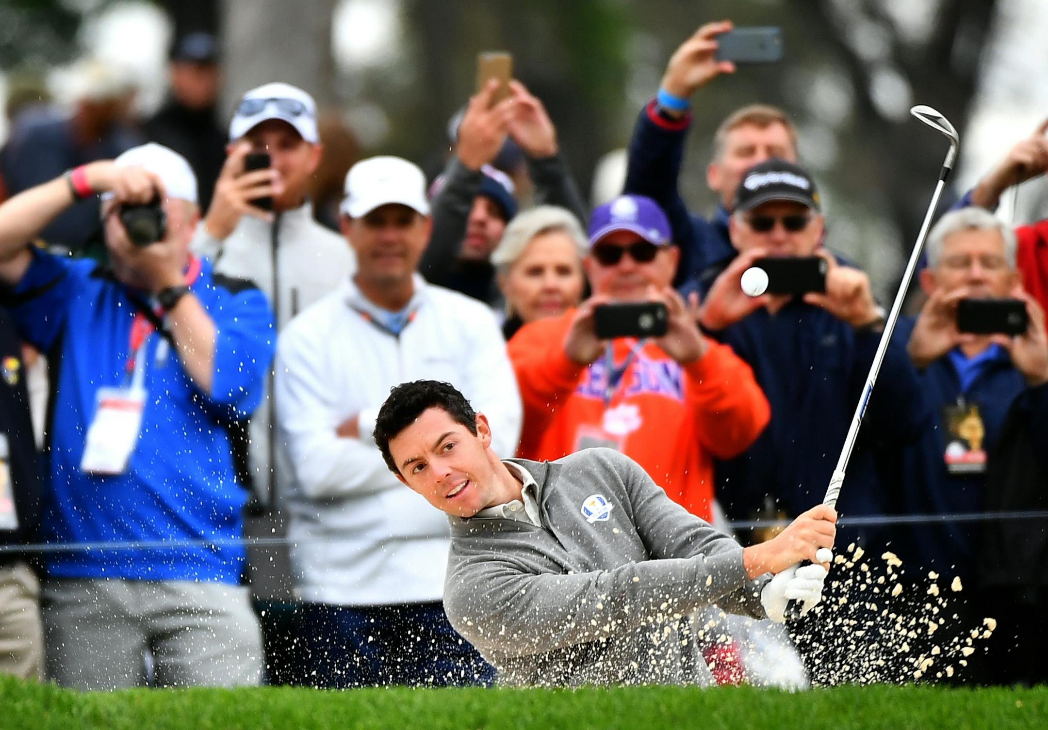Team Europe's Rory McIlroy practiced chipping his ball from a bunker near the green of the 12th hole during practice play Wednesday morning. ] (AARON LAVINSKY/STAR TRIBUNE) aaron.lavinsky@startribune.com Team USA and Team Europe practiced for the Ryder Cup at Hazeltine National Golf Club on Wednesday, Sept. 28, 2016 in Chaska, Minn.