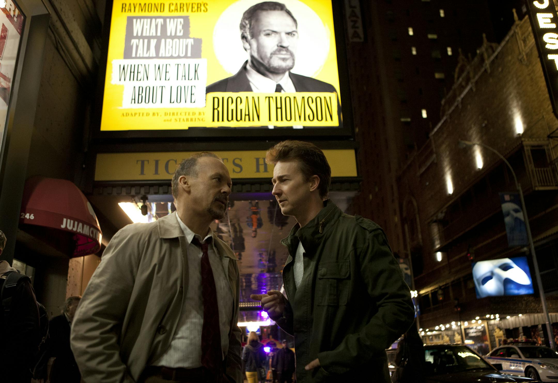 Michael Keaton as ìRigganî and Edward Norton as ìMarkî in BIRDMAN.