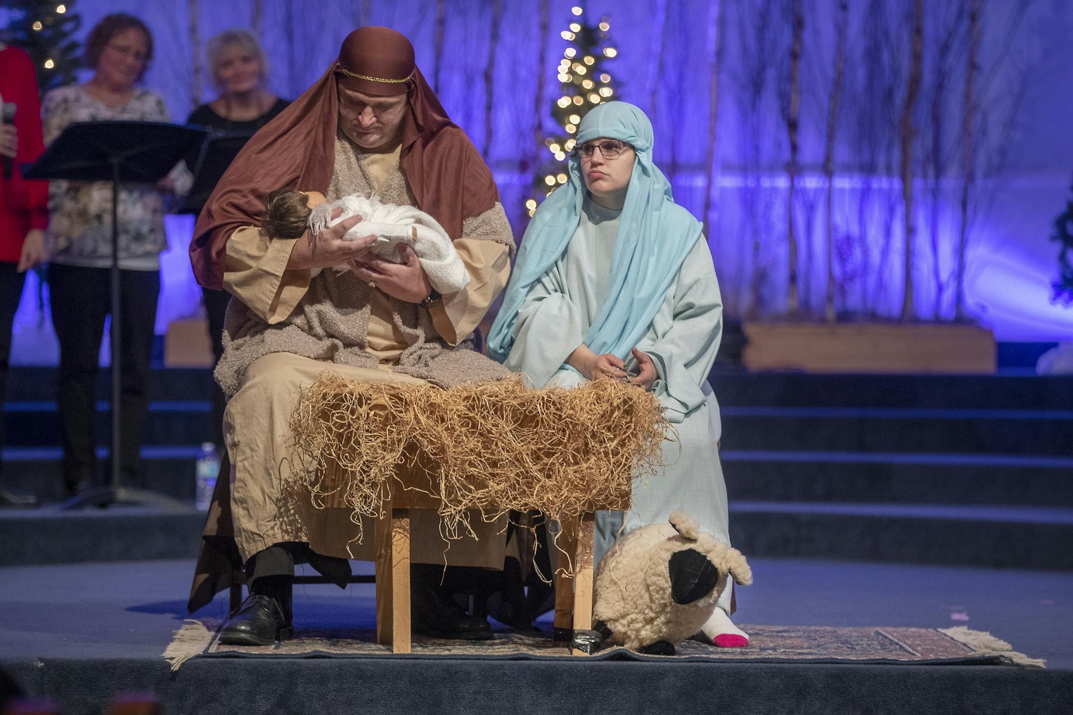 Fred Alexander, left, performing the role as Joseph, and Amy Nelson, who has waited for years to play "Mary's role," performed during the nativity pageant at Meadow Creek Church, Thursday, November 29, 2018 in Andover, MN.