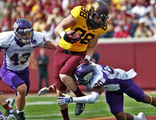 Minnesota Gophers vs. Western Illinois Leathernecks football. Gophers receiver Maxx Williams picked up extra yards after a first half reception. (MARL