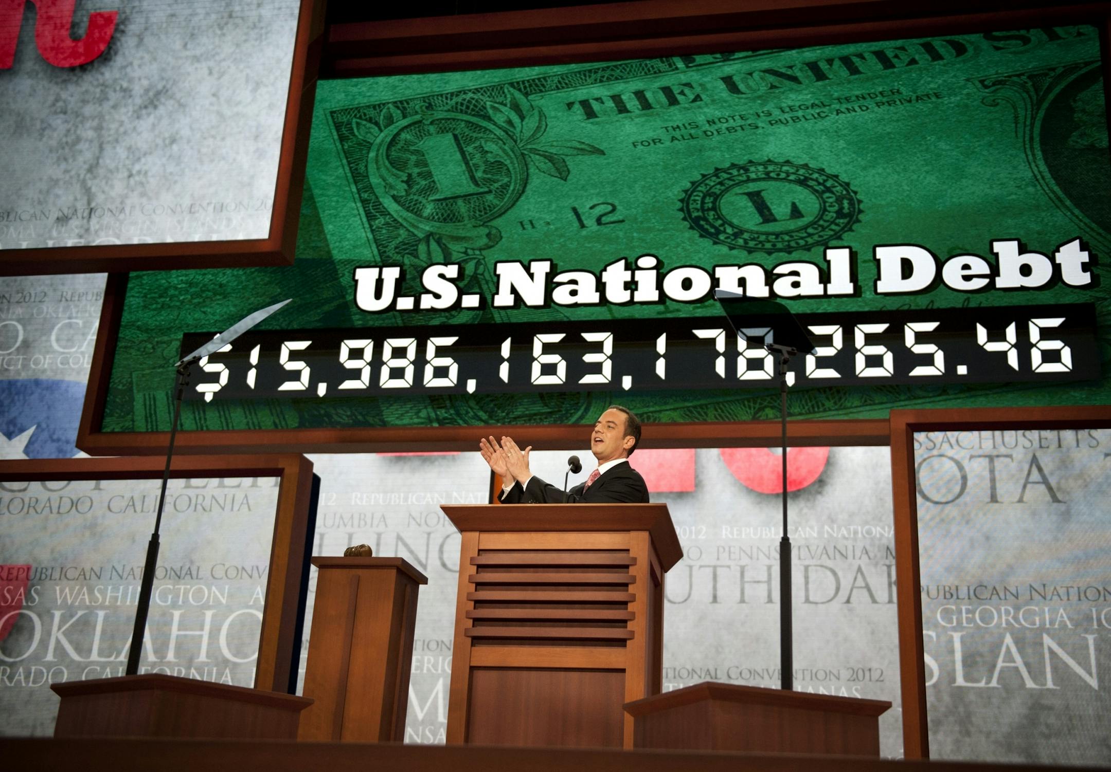 Republican National Committee Chairman Reince Priebus formally gaveled the convention open then immediately recessed the Monday session closed but not before unveiling a debt clock in the Tampa Bay Times Forum, Monday August 27, 2012