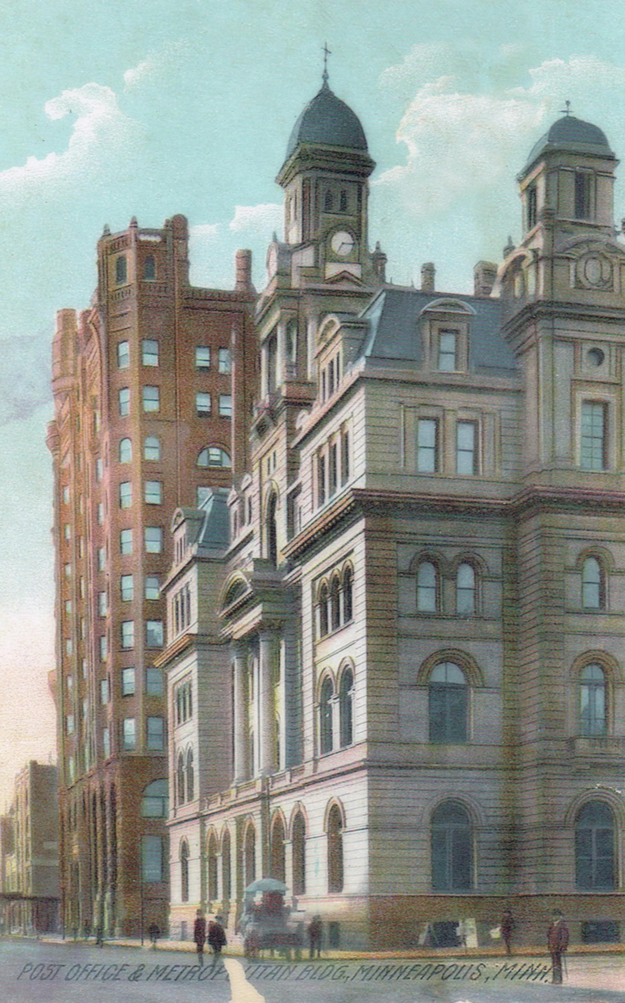 U.S. Courthouse and Post Office (1890 - 1961, Marquette and Third) A romantic view with the Metropolitan Building beside it. The two were completed the same year, but are decades apart in style.