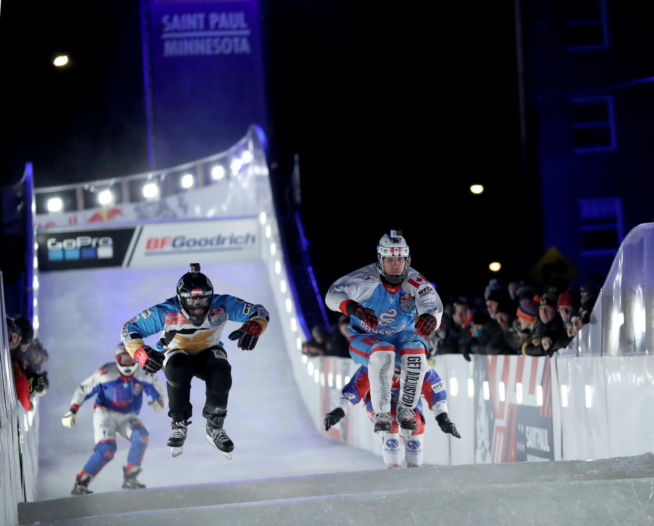 Men's skaters take to the course for practice during the Red Bull Crashed Ice 2017: Saint Paul Friday, Feb. 3, 2017, in St. Paul, MN.] DAVID JOLES • david.joles@startribune.com Red Bull Crashed Ice 2017: Saint Paul**Ben Heil,cq