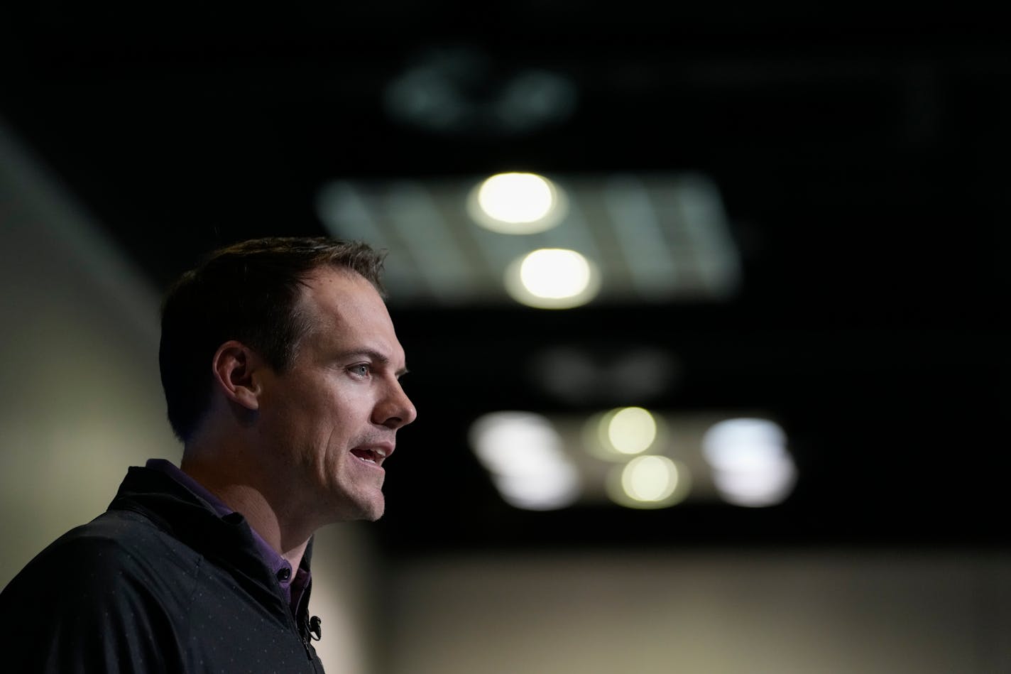 Minnesota Vikings head coach Kevin O'Connell speaks during a press conference at the NFL football scouting combine in Indianapolis, Wednesday, March 1, 2023. (AP Photo/Michael Conroy)