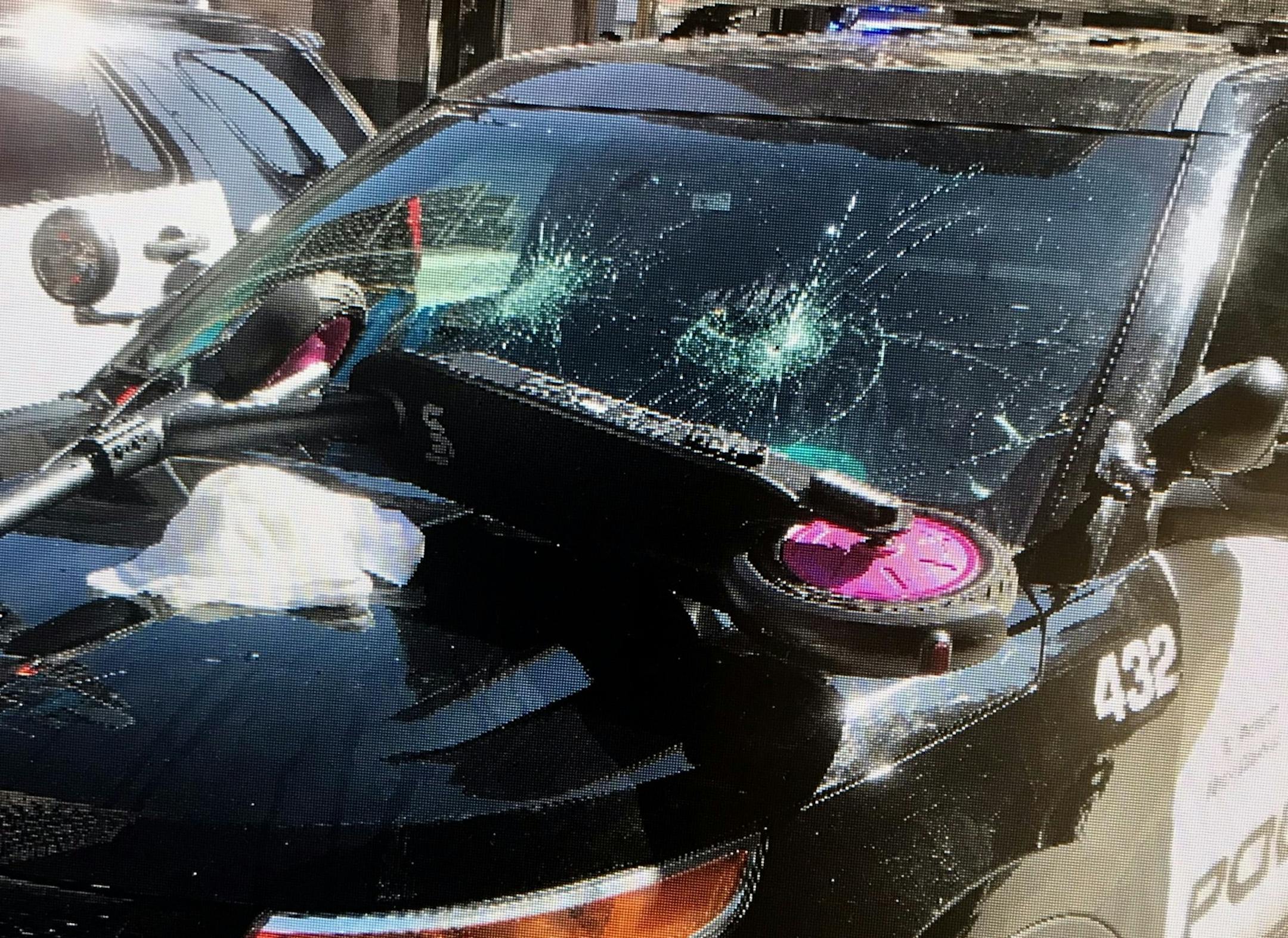 A Minneapolis squad vehicle damaged by a scooter near 7th and Nicollet.