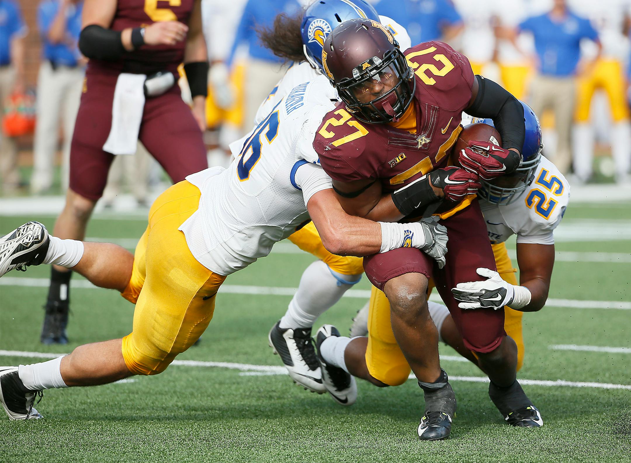 Minnesota Golden Gophers running back David Cobb (27) rushed for yards before turning the ball over in the second quarter as the Minnesota Gophers took on San Jose State at TCF Stadium, Saturday, September 20, 2014 in Minneapolis, MN. ] (ELIZABETH FLORES/STAR TRIBUNE) ELIZABETH FLORES � eflores@startribune.com
