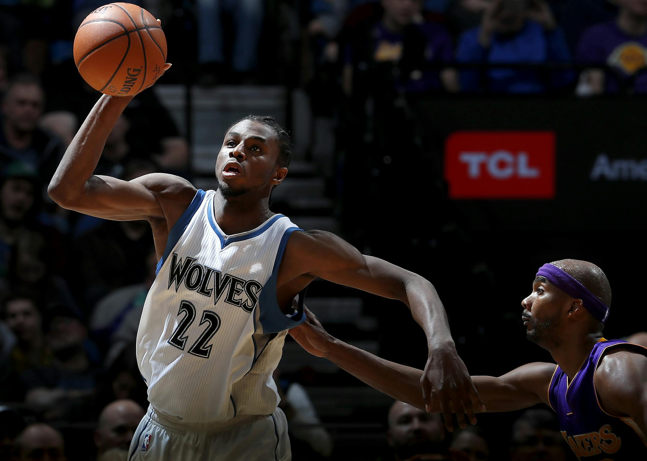 Andrew Wiggins (22) was defended by Corey Brewer (3) in the third quarter. ] CARLOS GONZALEZ &#xef; cgonzalez@startribune.com - March 30, 2017, Minneapolis, MN, Target Center, NBA Basketball, Minnesota Timberwolves vs. Los Angeles Lakers