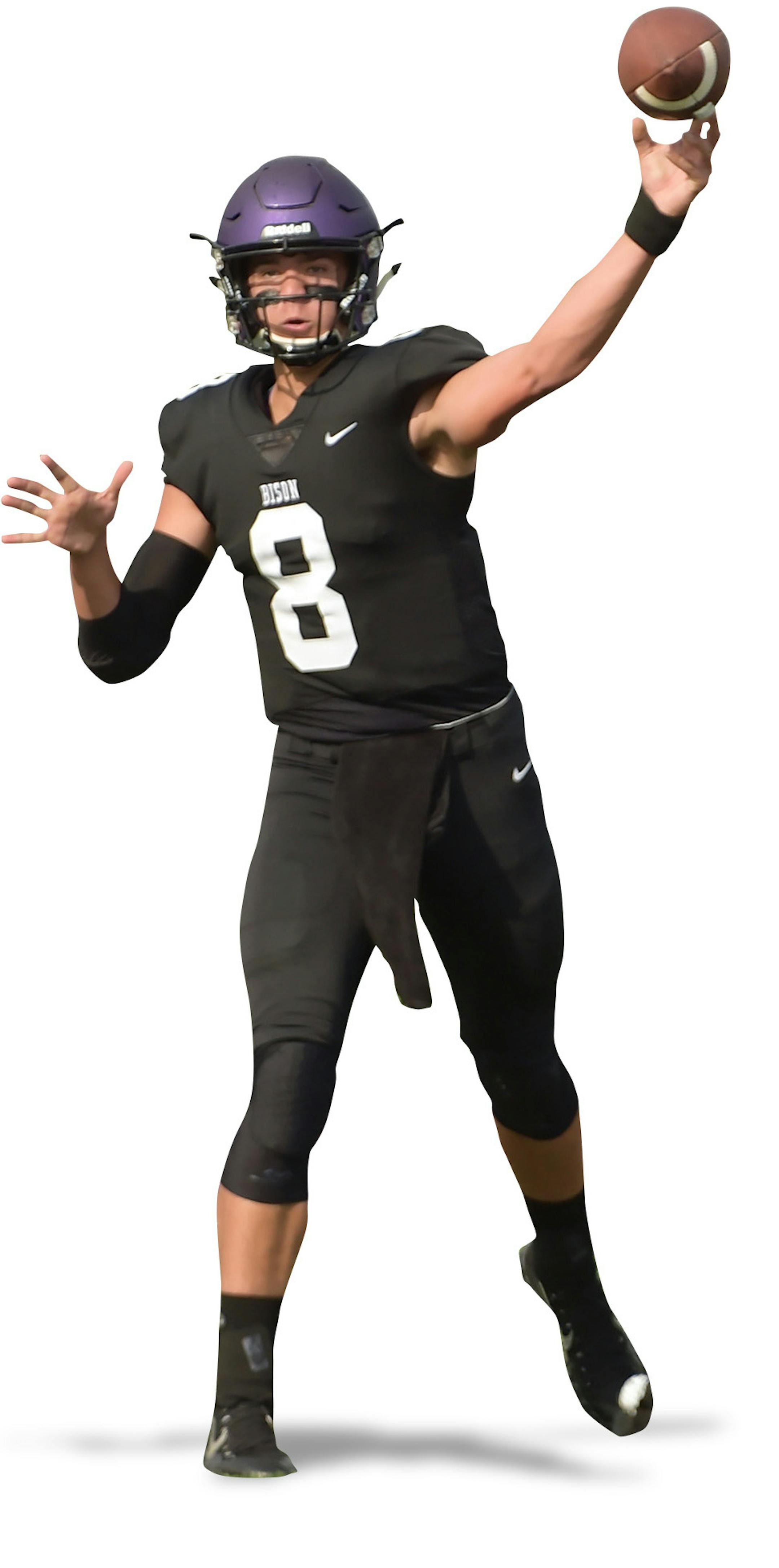 Buffalo junior quarterback Aidan Bouman releases a pass during the second quarter of high school football season opener Friday afternoon at Buffalo High School. The Buffalo Bison led the Brainerd Warriors 21-14 at the end of the first half. ] (SPECIAL TO THE STAR TRIBUNE/BRE McGEE)
**Aidan Bouman (quarterback, 8, Buffalo) ORG XMIT: MIN1808311756480731