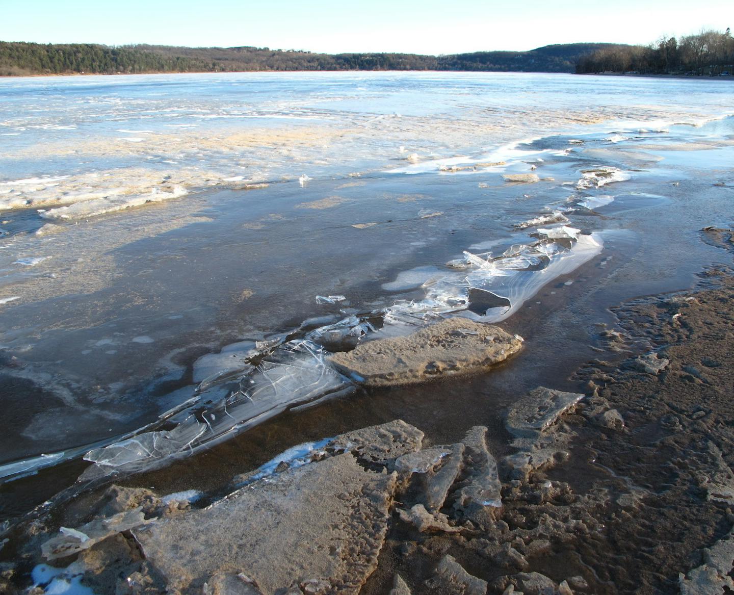 Ice was breaking along the Lower St. Croix River last week. This view, from the city swimming area in Lake St. Croix Beach, was much different from farther upstream at Lakeland, where water was open, and even farther north at iced-in Bayport.