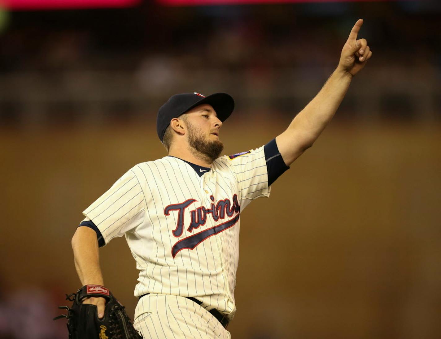 Twins closer Glen Perkins gestured after St. Louis Cardinals catcher Yadier Molina grounded out to him to end the game Wednesday night. JEFF WHEELER � jeff.wheeler@startribune.com The Twins beat the St. Louis Cardinals 3-1 Wednesday night, June 17, 2015 at Target Field in Minneapolis.