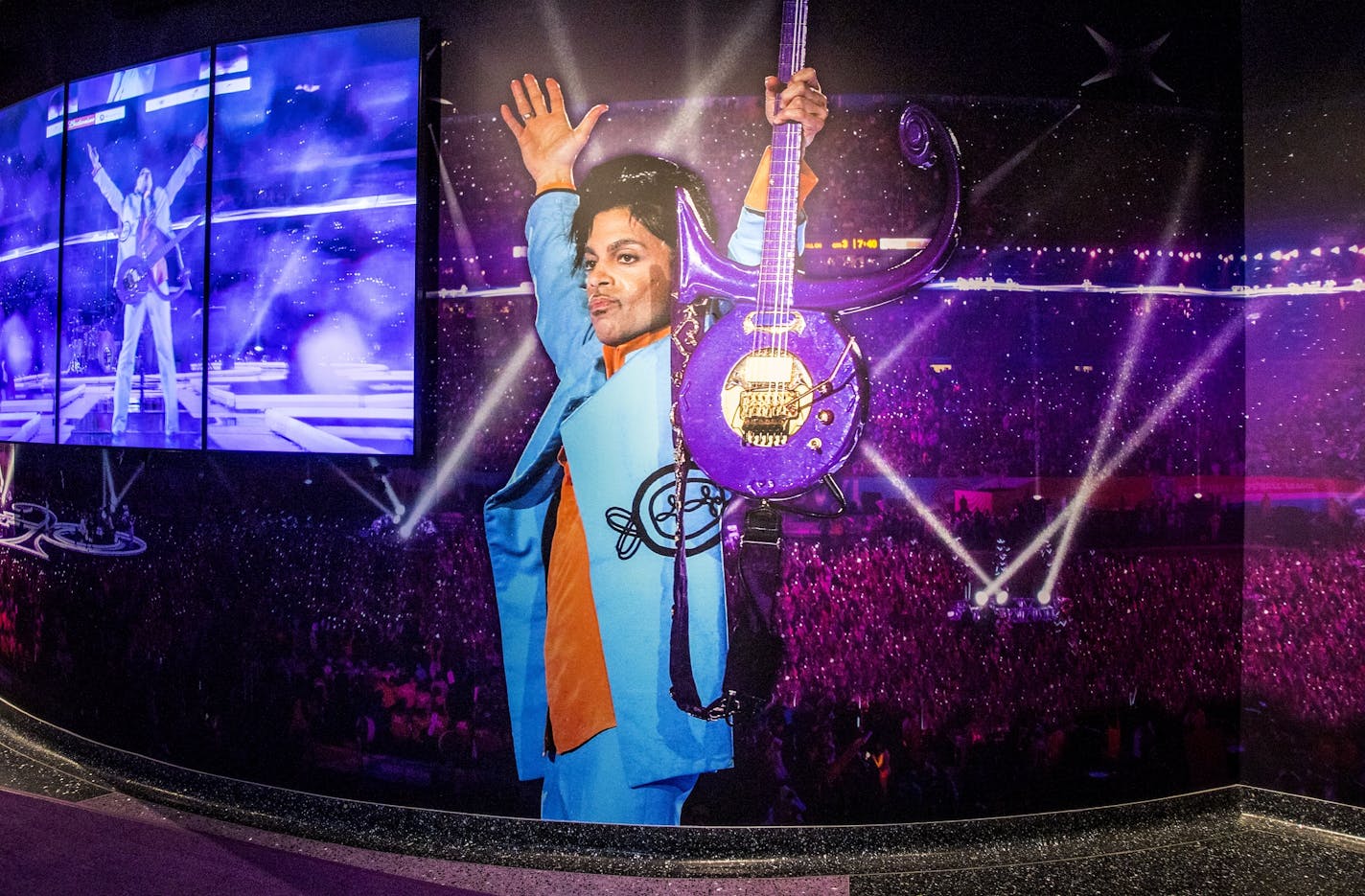 One of the displays at the new Paisley Park museum is dedicated Prince's performance at the Super Bowl halftime show.