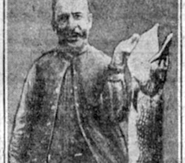 This photo has been said to depict J.V. Schanken, then of Chicago, with the record Minnesota northern pike, weighing 45 pounds, 12 ounces.